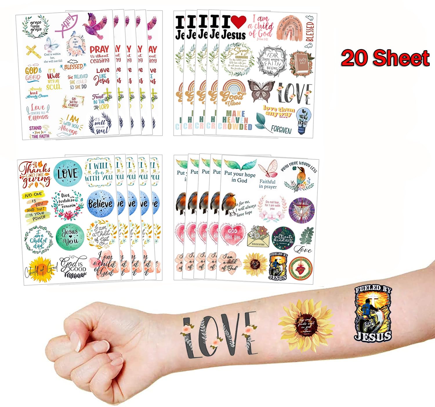 20 hojas de tatuajes temporales con versículos de la Biblia, calcomanías motivacionales de escritura inspiradora, tatuajes de fe, regalos de fiesta,