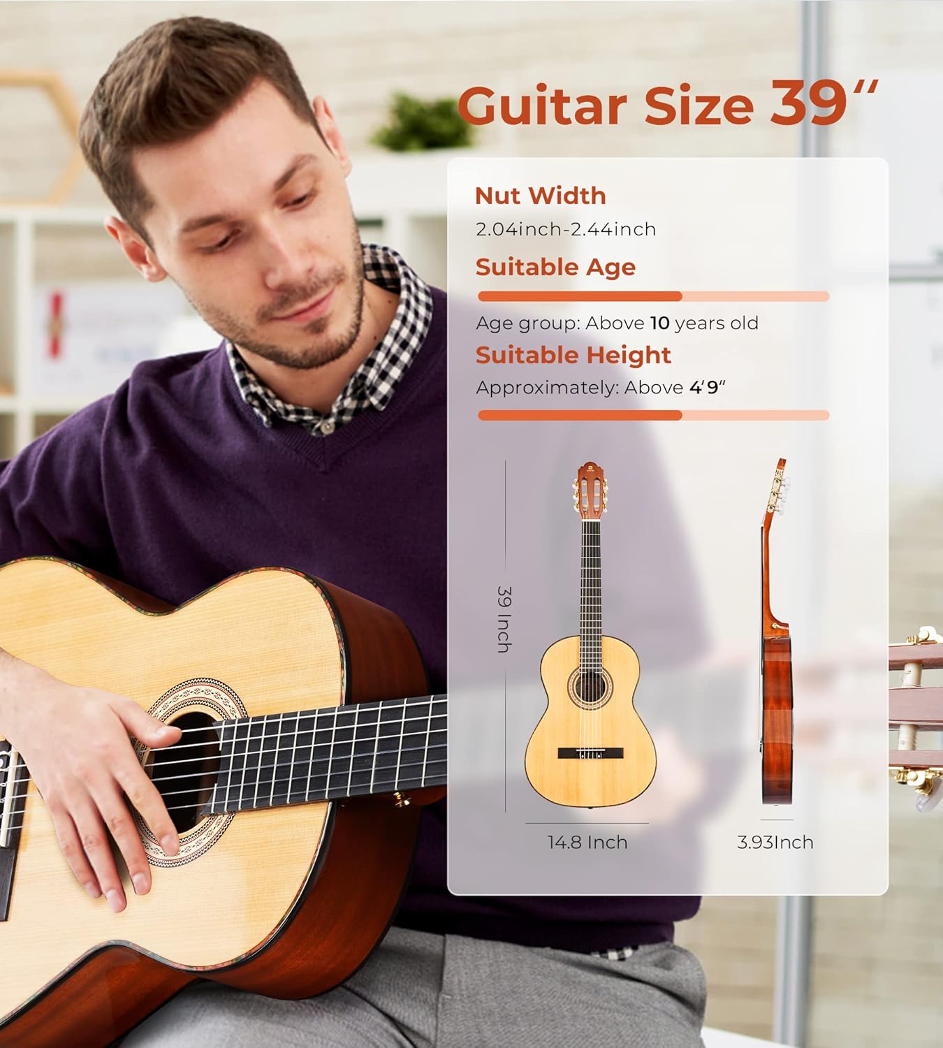 Vangoa Guitarra clásica, guitarra de cuerda de nailon de 39 pulgadas, guitarra española para principiantes de tamaño completo con tapa de abeto y