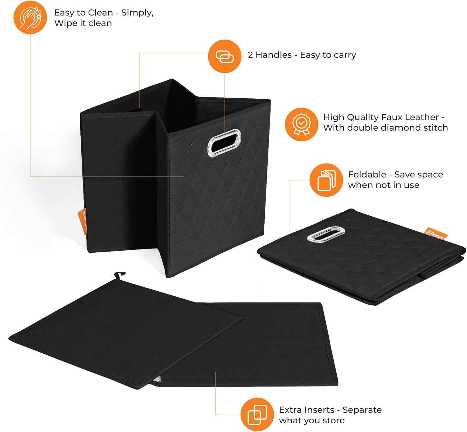 Juego de cuatro cubos de almacenamiento plegables de piel sintética con patrón de diamante negro de 11 pulgadas con asas dobles para sala de estar,