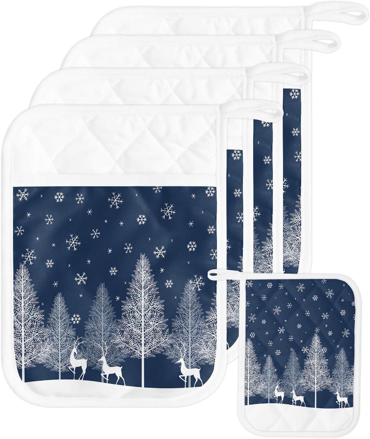 Juego de 5 soportes para ollas de Navidad para cocina, antideslizantes y aislantes de calor, juego de agarraderas de tela de toalla con bolsillo,