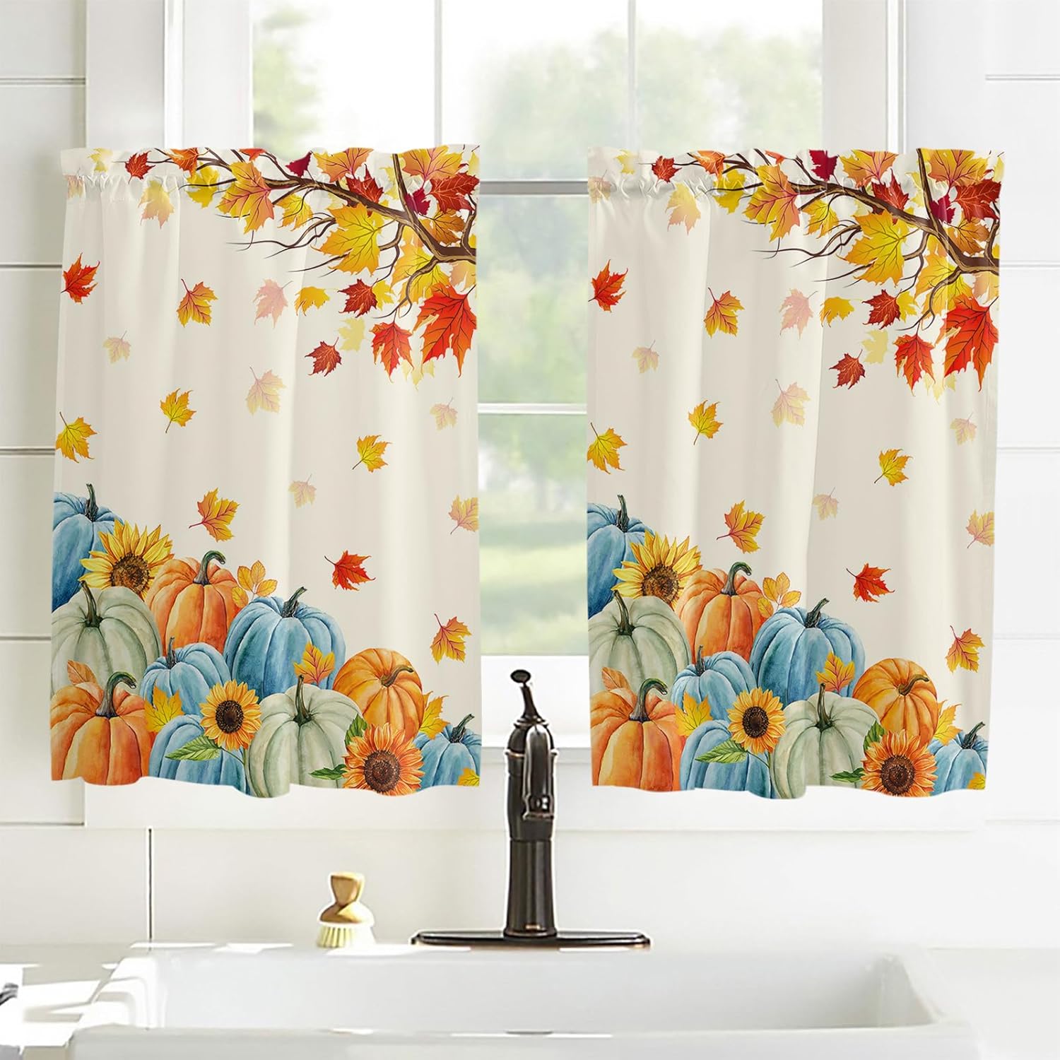 Juego de 2 paneles de cortinas de cocina de otoño de 45 pulgadas de largo, cortinas de ventana con filtro de luz, cortinas de café, cortinas con