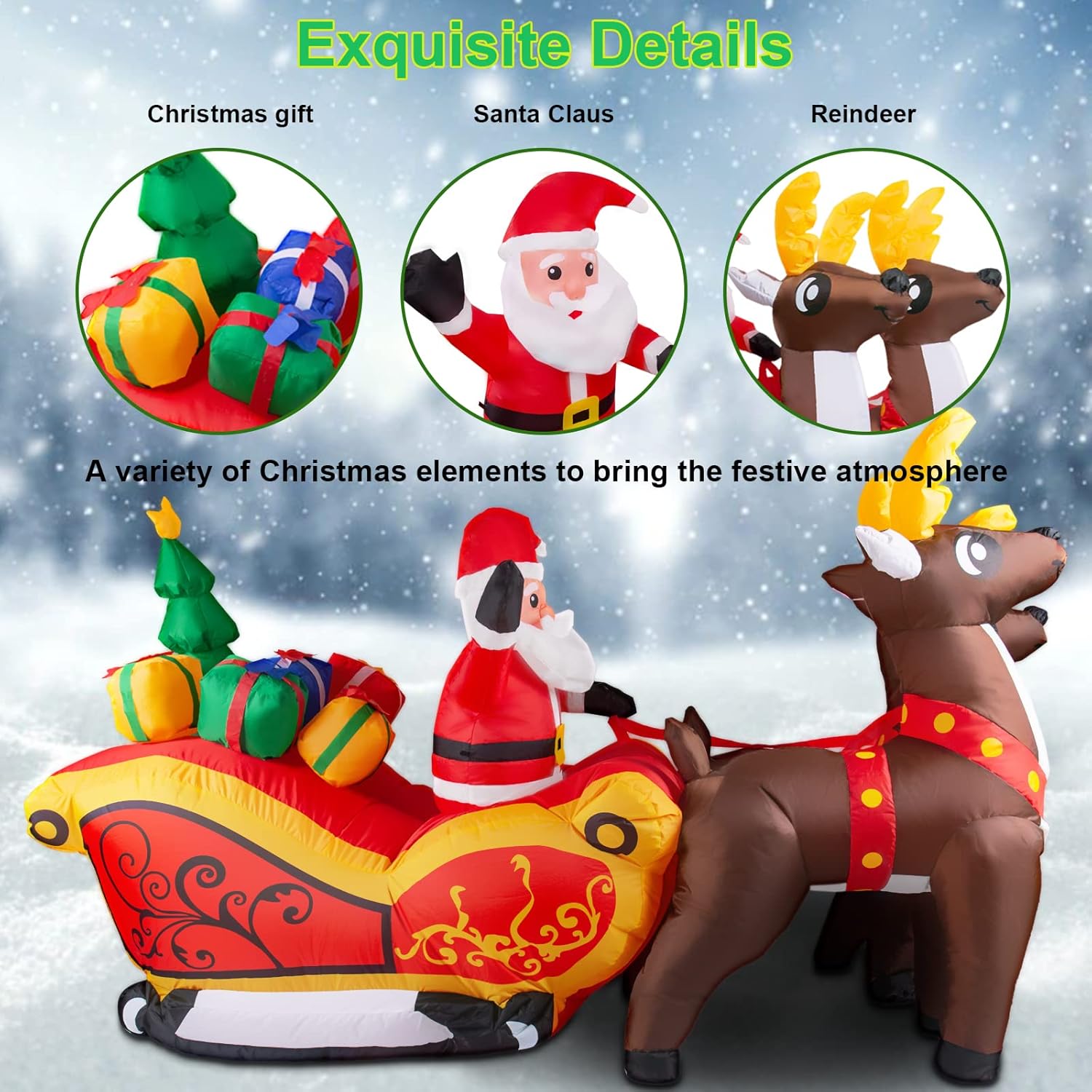 Decoraciones inflables de Navidad de 7 pies, decoración de patio inflable de Navidad, Papá Noel en el trineo con 2 renos, adornos de Navidad con