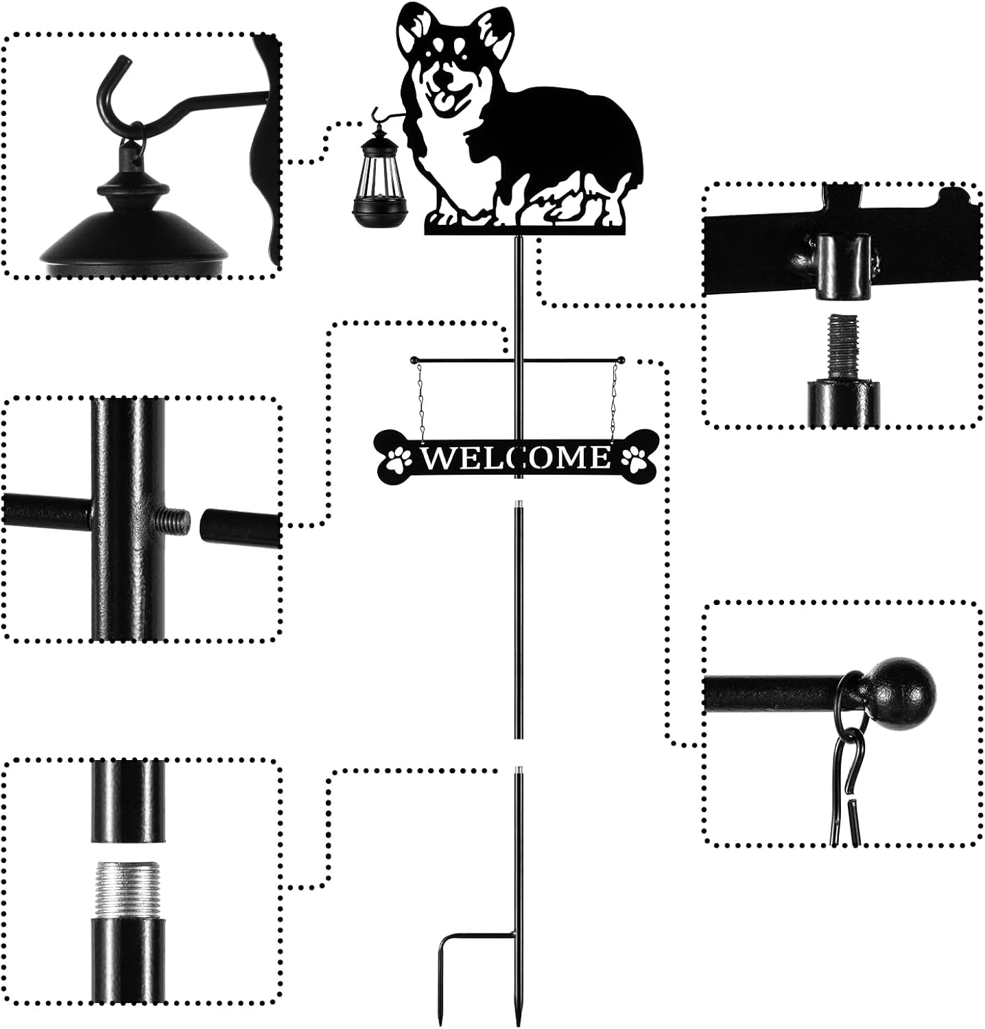 Letrero de bienvenida de perro con silueta solar de 51 pulgadas con linterna, decoración de Corgi para exteriores, para jardín, patio, césped,