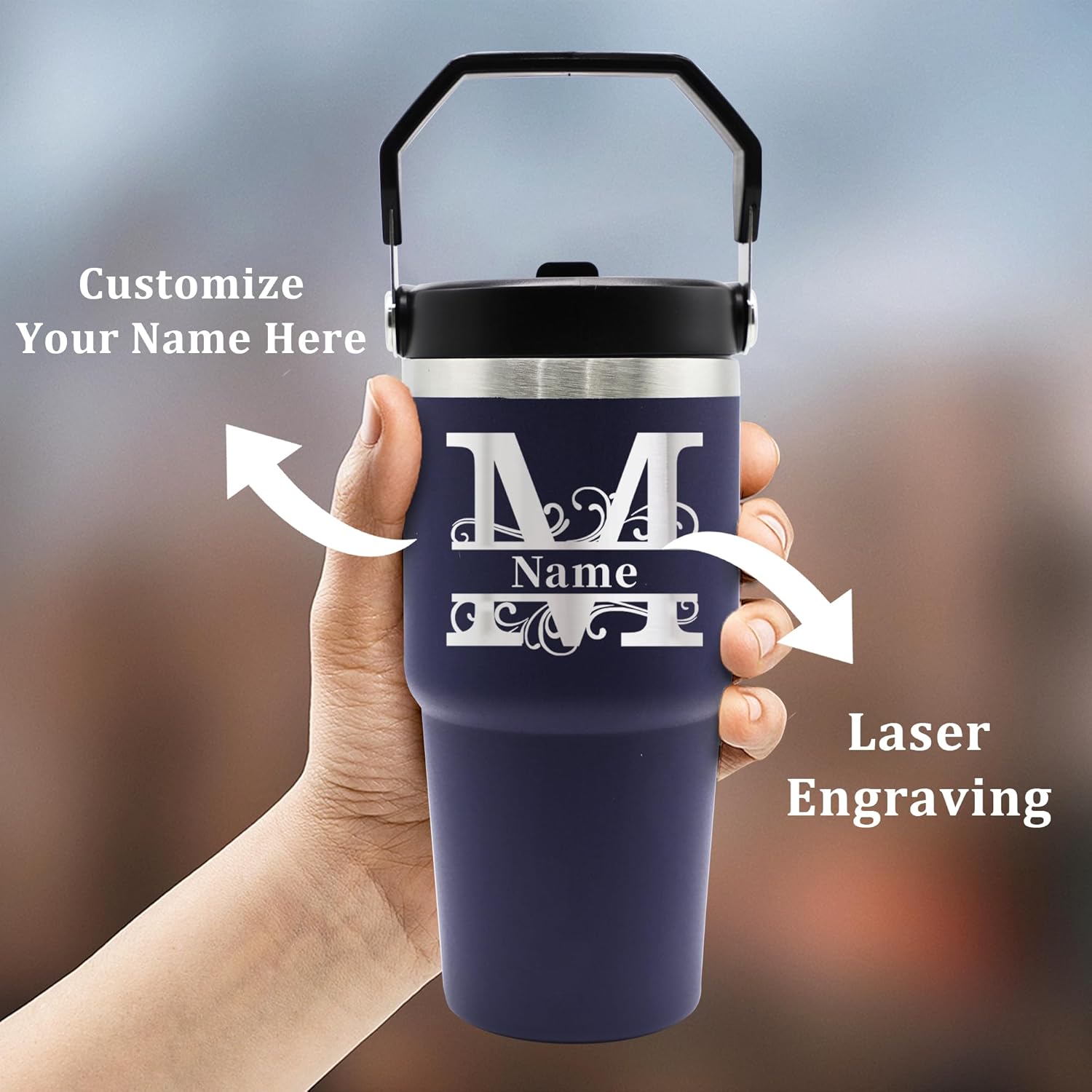 Vasos de acero inoxidable grabados personalizados con nombres, tazas aisladas personalizadas con asa, taza de café de viaje, regalos para ellaél,
