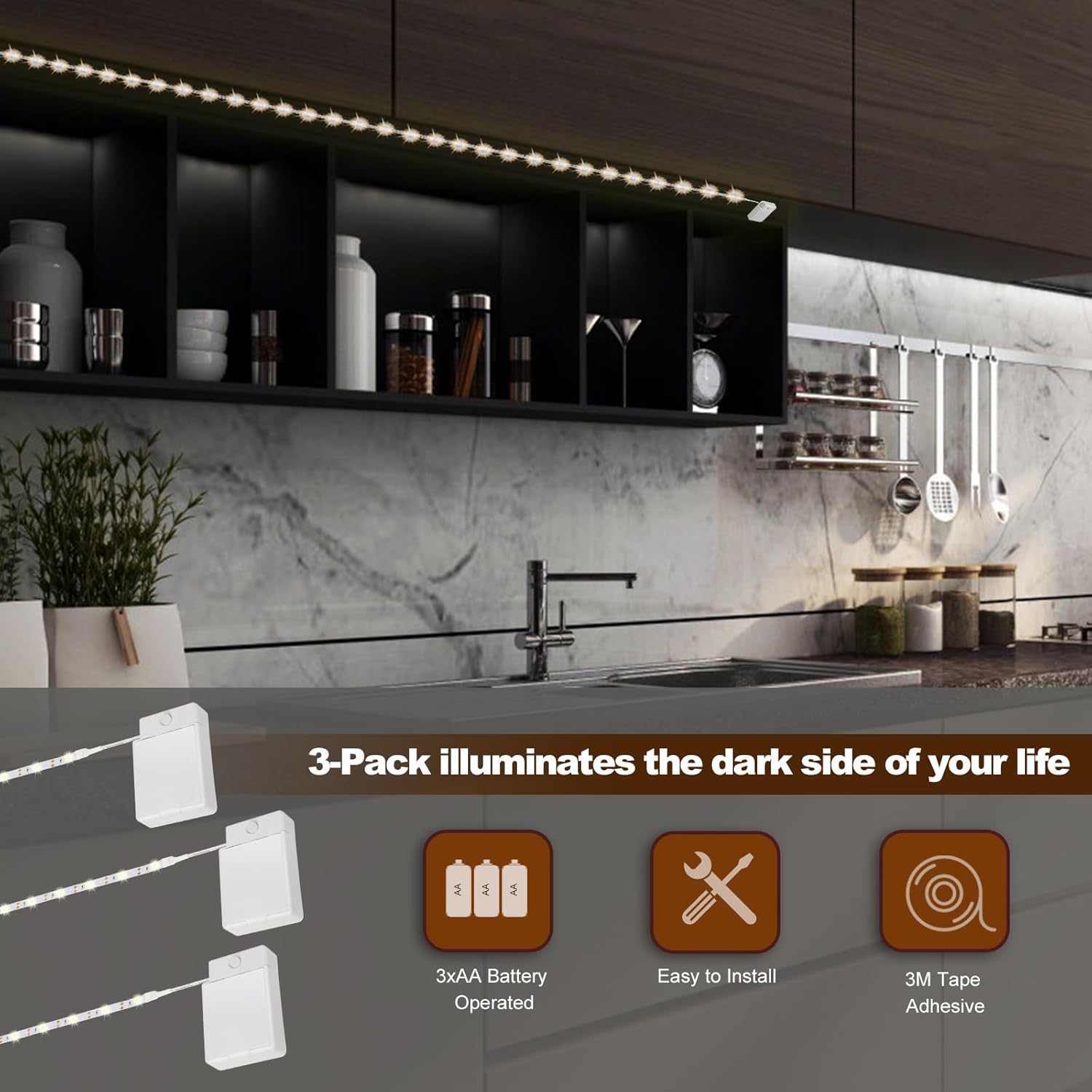Tira de iluminación LED alimentada por batería, tira de luz LED inalámbrica adecuada para iluminar debajo del gabinete  Armario  Estantes  Armario