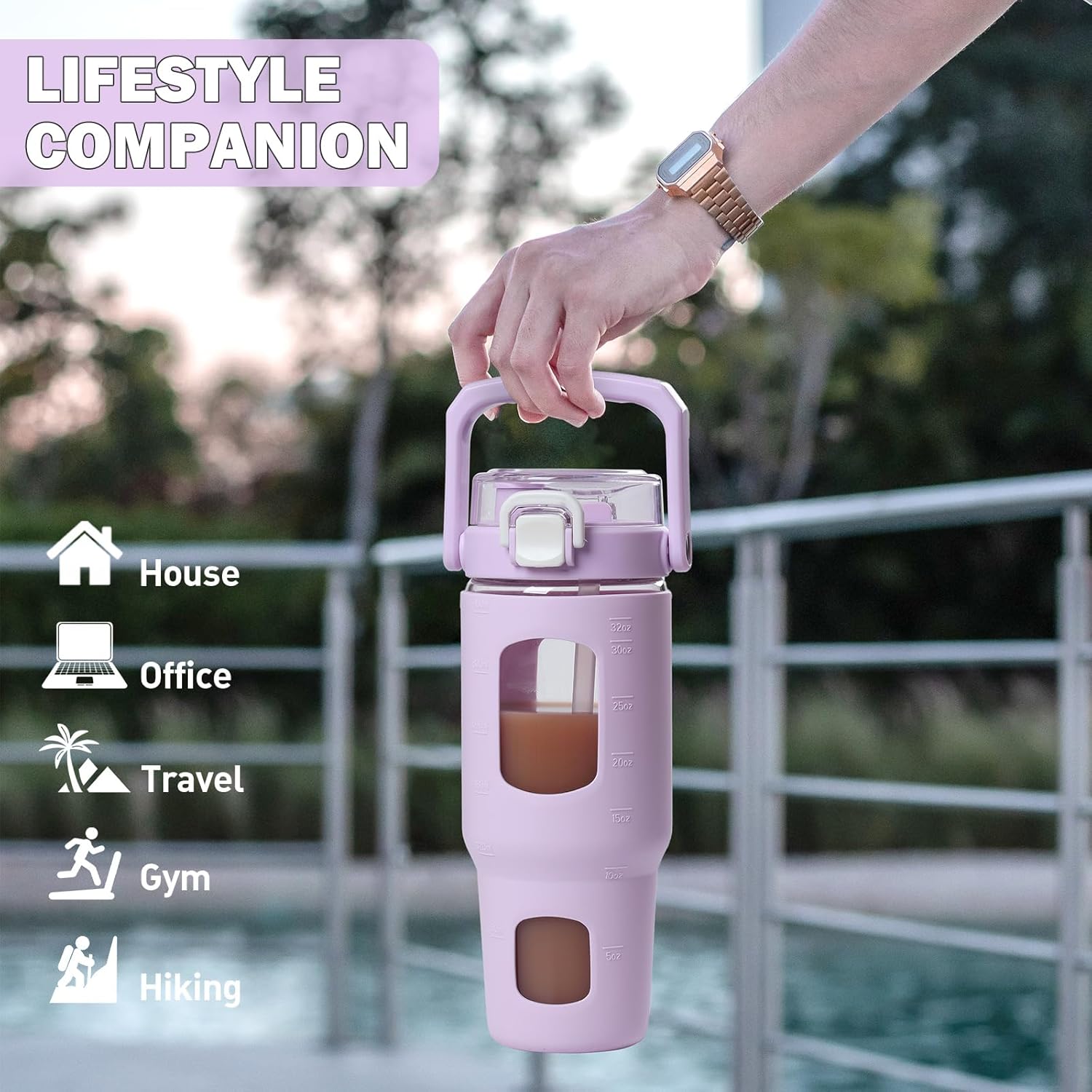 BLUEGO Botella de agua de vidrio de 32 onzas con popote y tapa, botella de agua potable de vidrio con asa, taza de café helado con marcador de