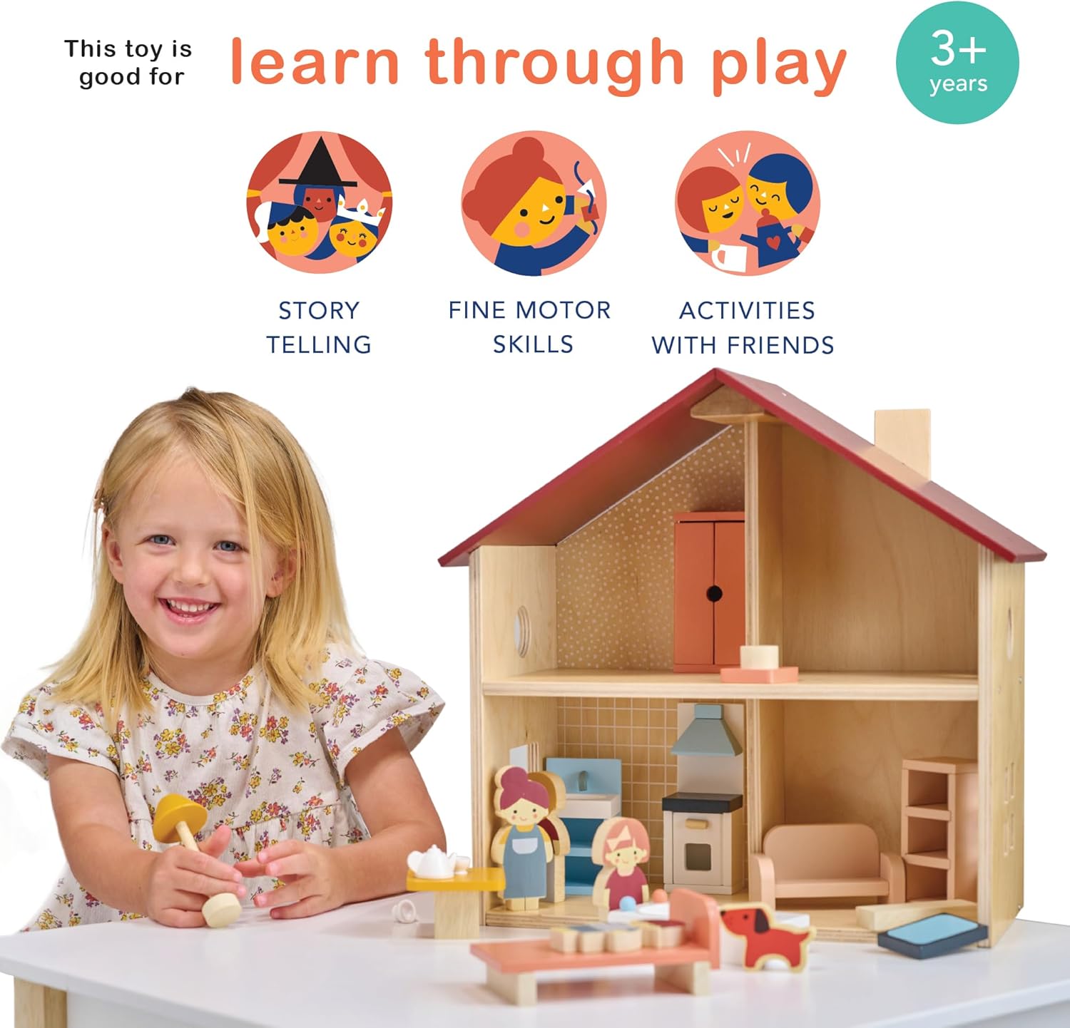 Casa de muñecas de madera totalmente amueblada, casa de muñecas compacta para niños pequeños con diseño abierto, gran regalo para niños pequeños que