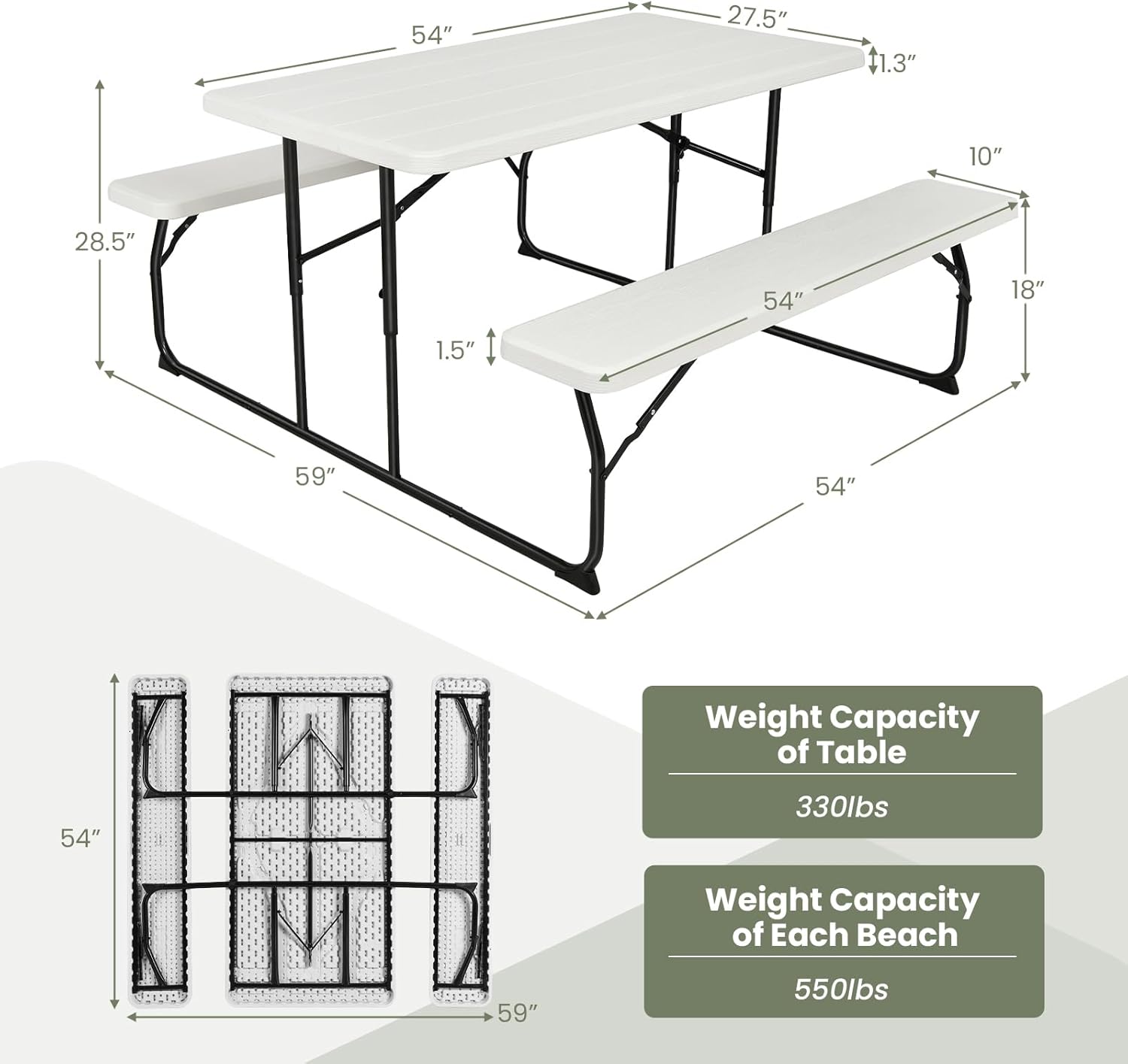 Tangkula Mesa de picnic plegable con 2 bancos, juego de mesa de campamento de metal para exteriores con textura de plástico similar a la madera y