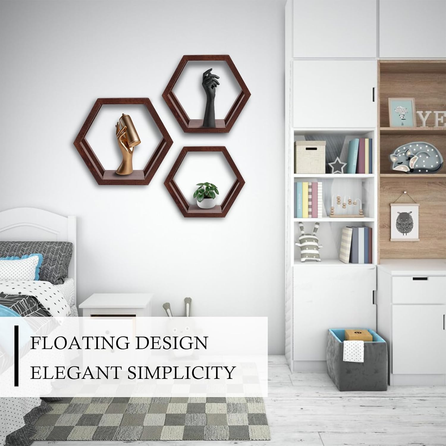 YLYHSST Juego de 3 estantes flotantes hexagonales, estantes de madera de panal para almacenamiento en la pared, estante decorativo para dormitorio,