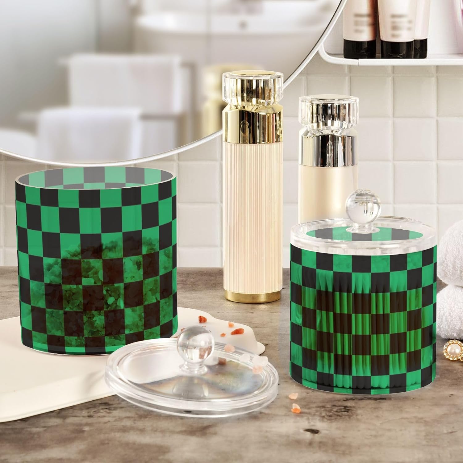 Black Green Squares Jars with Lids Canister Jar Bathroom Containers Small Jars Cotton Swab Dispenser for Dorm Room Essentials for College Students