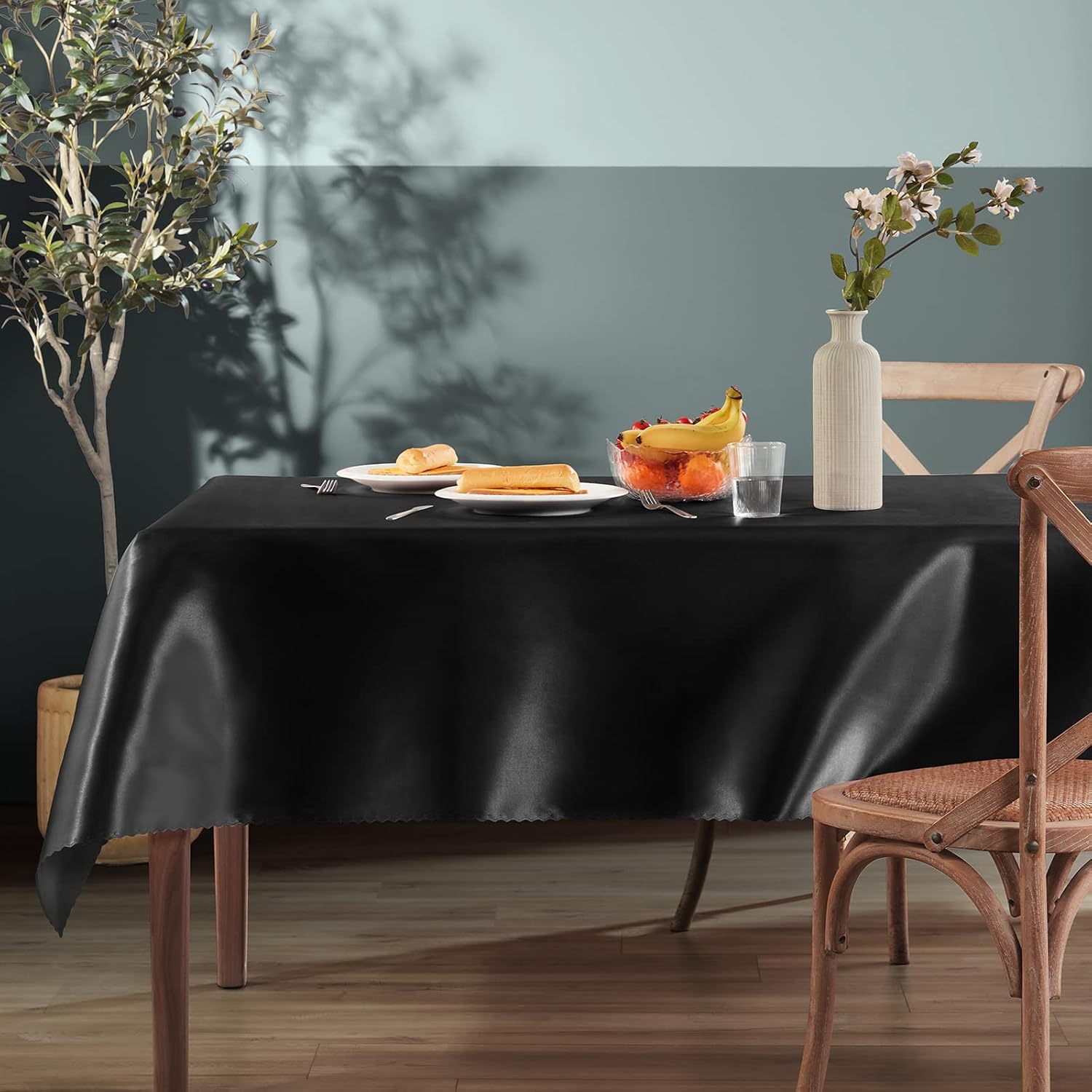 Homiest 1 paquete de mantel de satén de 54 x 108 pulgadas, mantel negro brillante, mantel rectangular sedoso, manteles de satén para boda,
