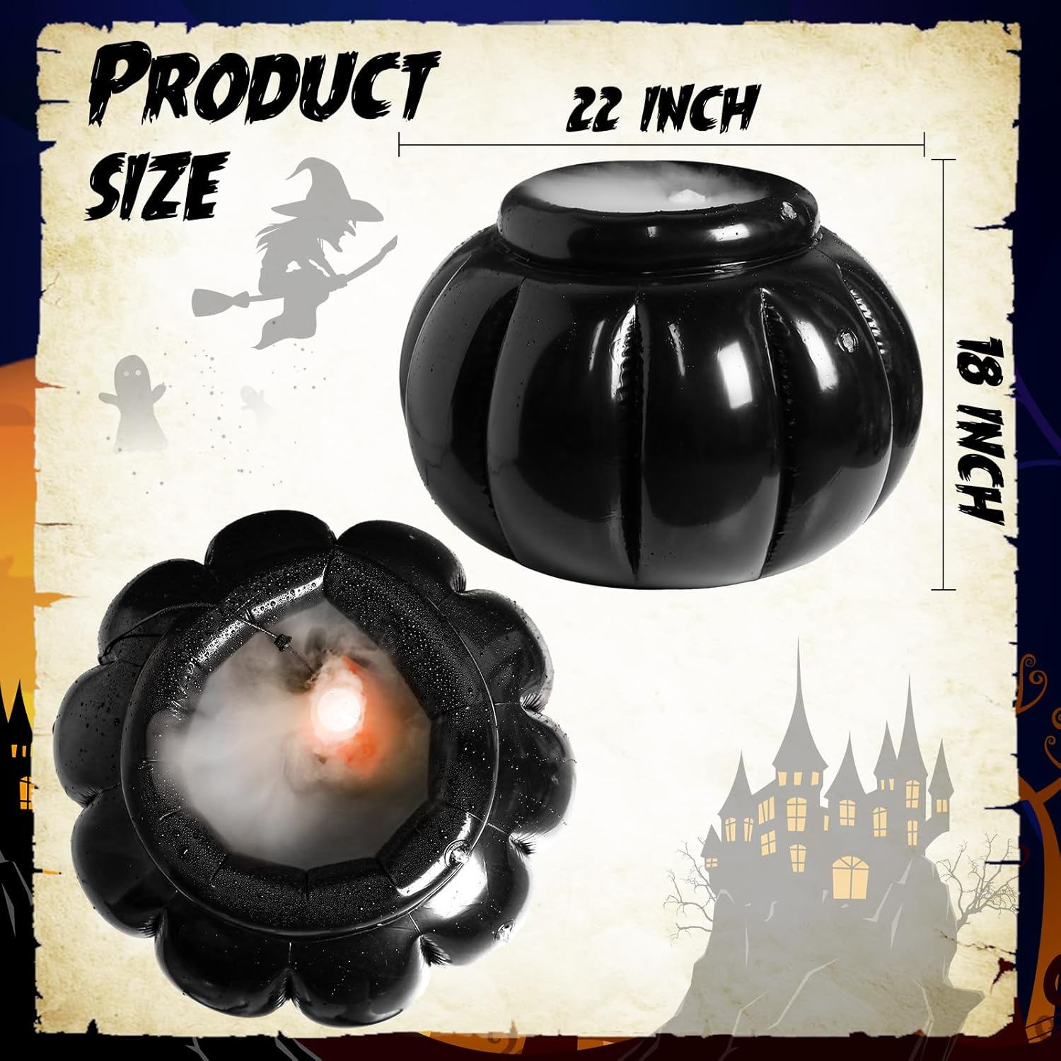 2 unidades de caldero inflable de Halloween con fabricante de niebla ultrasónica LED y cinta de conductos de 22 x 18 pulgadas, caldero de bruja,