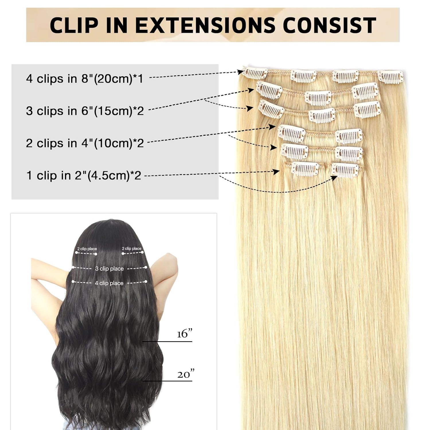 Atbering Extensiones de cabello humano real con broches, color rubio decolorado, extensiones de cabello virgen con clip, para cabello lacio o