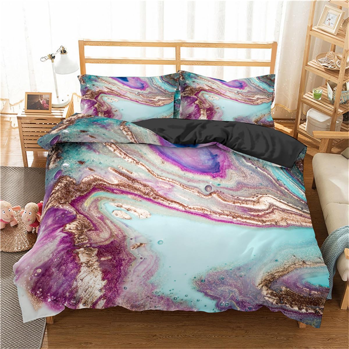 BIVVI Juego de funda de edredón con estampado abstracto de mármol para niños y adultos, juego de funda de edredón de arena movediza de oro rosa