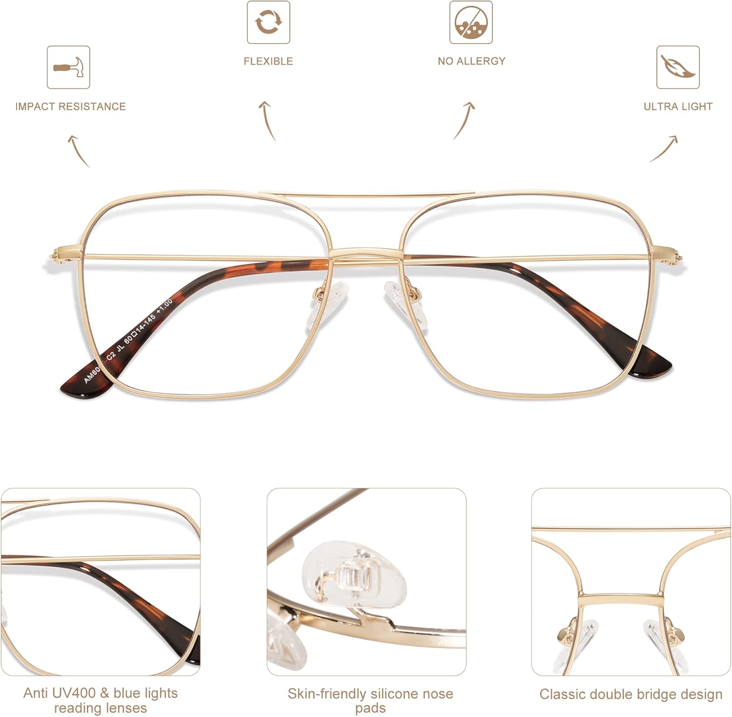 Lentes de lectura retro para mujeres y hombres, aviador, cuadrado, luz azul, computadora de lectura para mujer, lector 1.50 2.00 AM6076