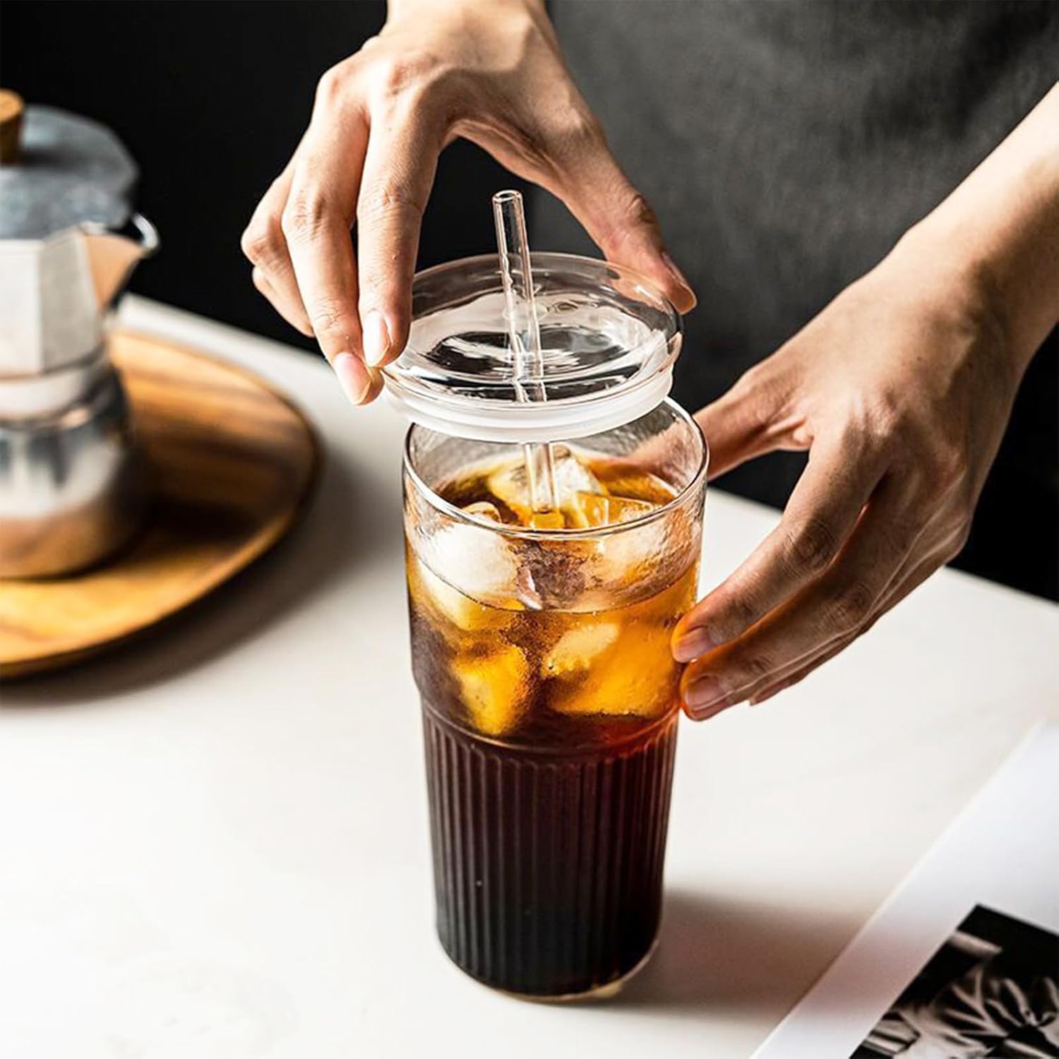 Vaso de vidrio con popote y tapa, vasos transparentes de 20 onzas para café helado, jugo, té, leche, batido y bebidas frías o calientes, juego de 2