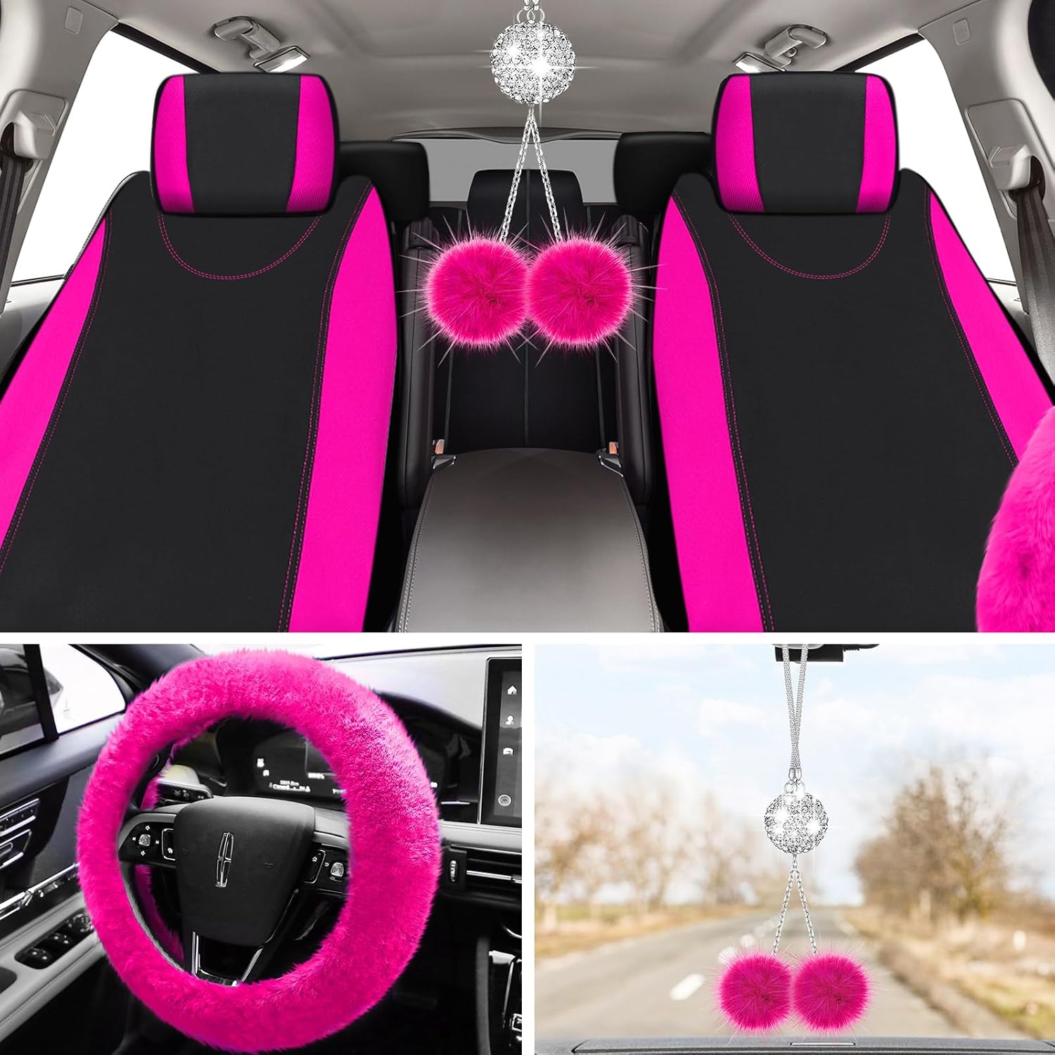 Juego completo de 17 fundas de asiento de automóvil para mujer, ajuste universal, fundas de asiento delantero y trasero, fundas esponjosas para