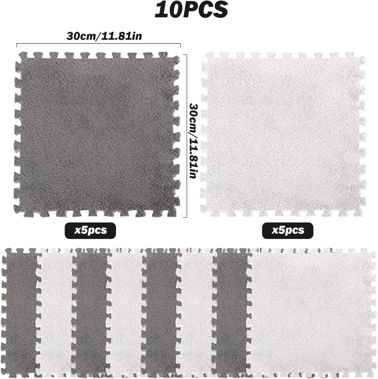 10 azulejos de espuma para piso, tapete de espuma de rompecabezas de felpa entrelazado, antideslizante, azulejos de EVA para bebé, tapete de juego