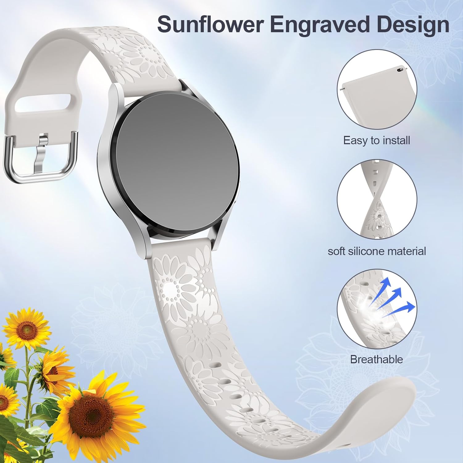 Correa grabada de girasol compatible con Samsung Galaxy Watch 6 5 4 1.575 in 1.732 in5 Pro 1.772 inWatch 6 4 Classic 1.693 in 1.850 in 1.654 in