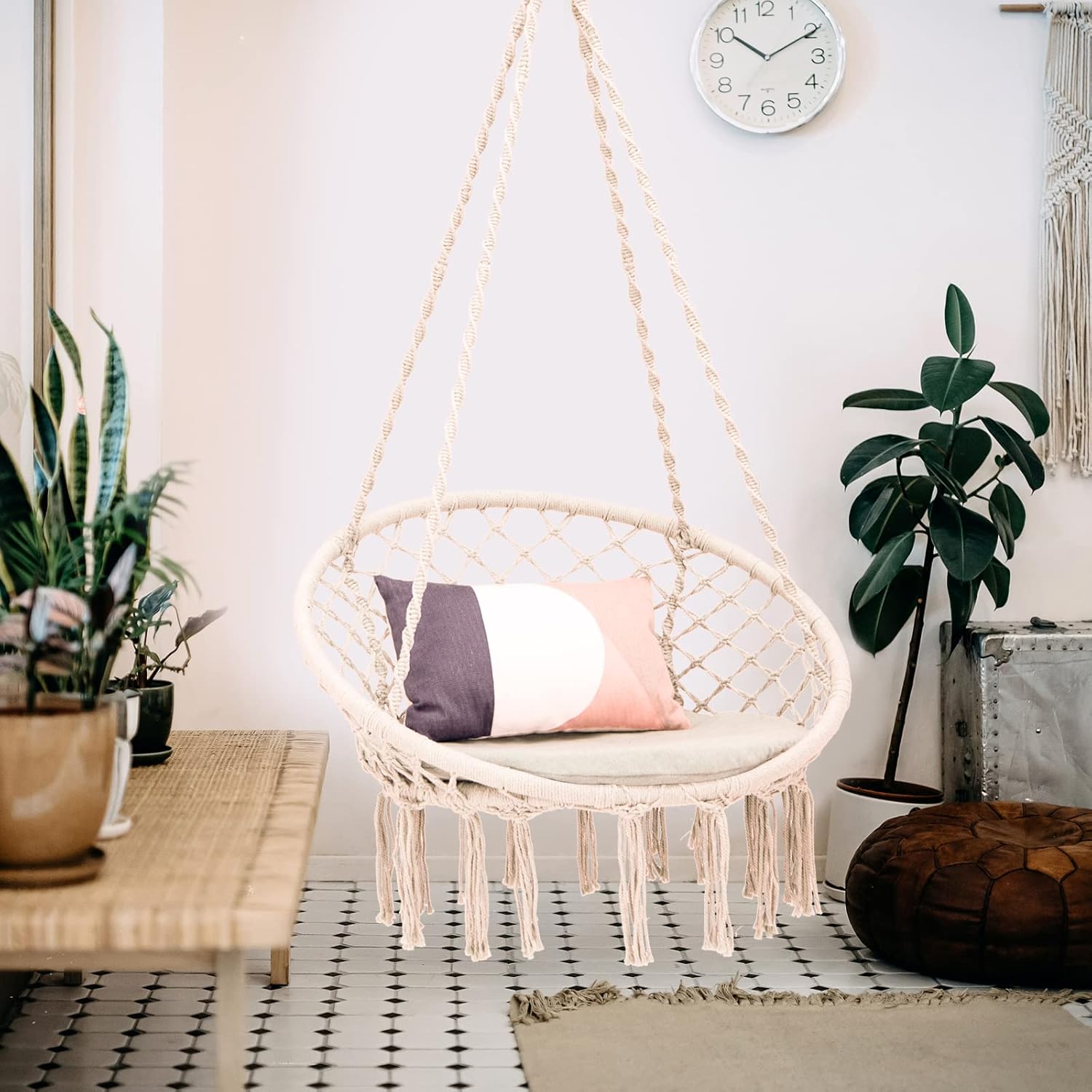 Giantex Silla hamaca de macramé  Silla colgante con cojín y kit de herramientas, capacidad de peso de 330 libras, columpio interior para soporte de