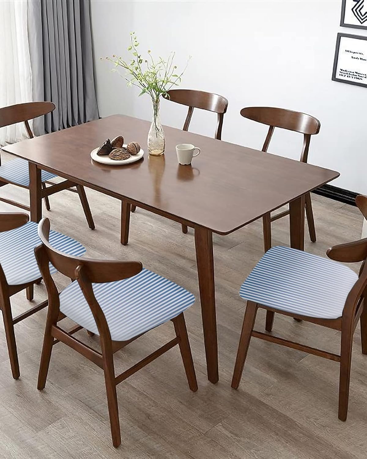 Juego de 6 fundas de asiento elásticas para sillas de comedor, color azul y blanco, a rayas finas degradadas, extraíbles y lavables, para oficina,