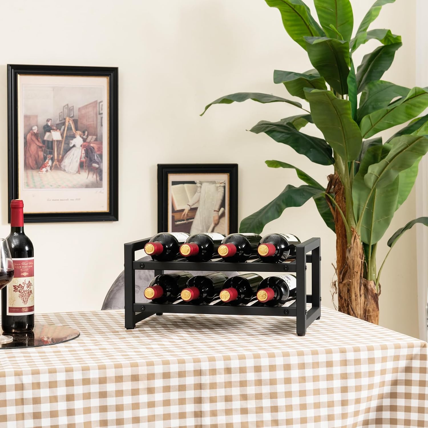 GOFLAME Estante de vino de 2 niveles, estante de exhibición de vino de encimera independiente con almohadillas ajustables para los pies, superficie