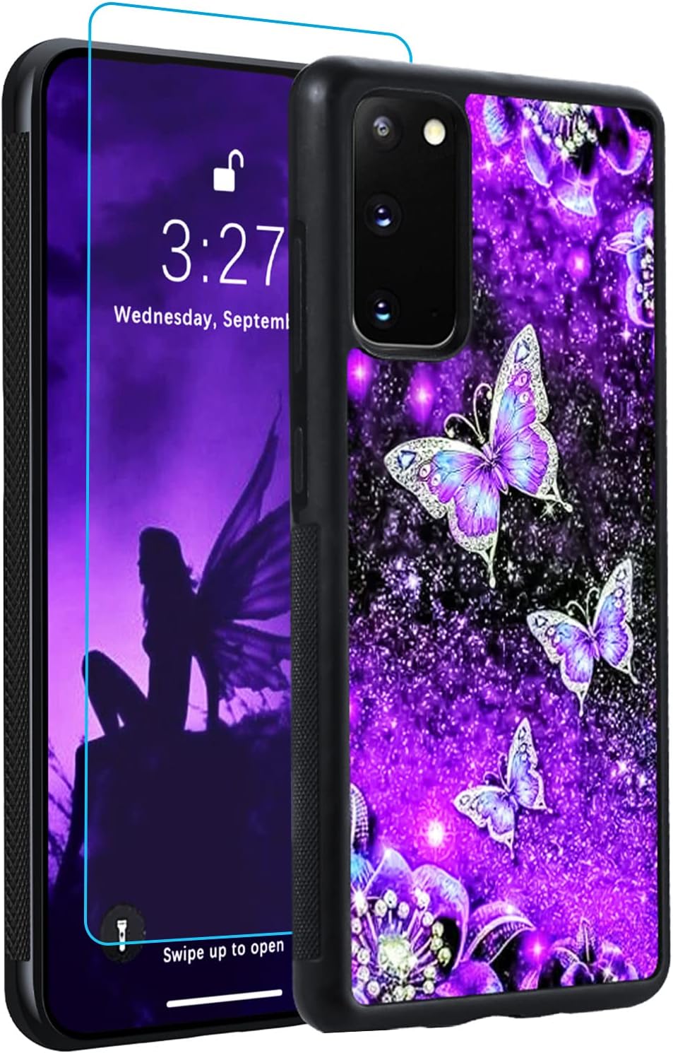 OOK Diseños para Samsung Galaxy S20 Funda Glitter Púrpura Mariposa Nebulosa Diseño Espacio PC Duro+Soft TPU Bumper Antideslizante Ultra Delgada