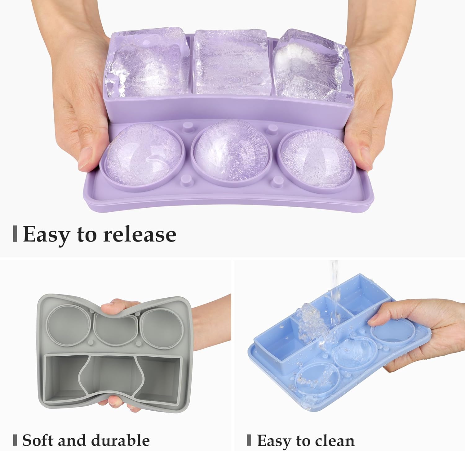Morfone – Bandejas para cubitos de hielo, 3 unidades, moldes redondos de silicona para bolas de hielo y moldes cuadrados grandes con tapas, diseño
