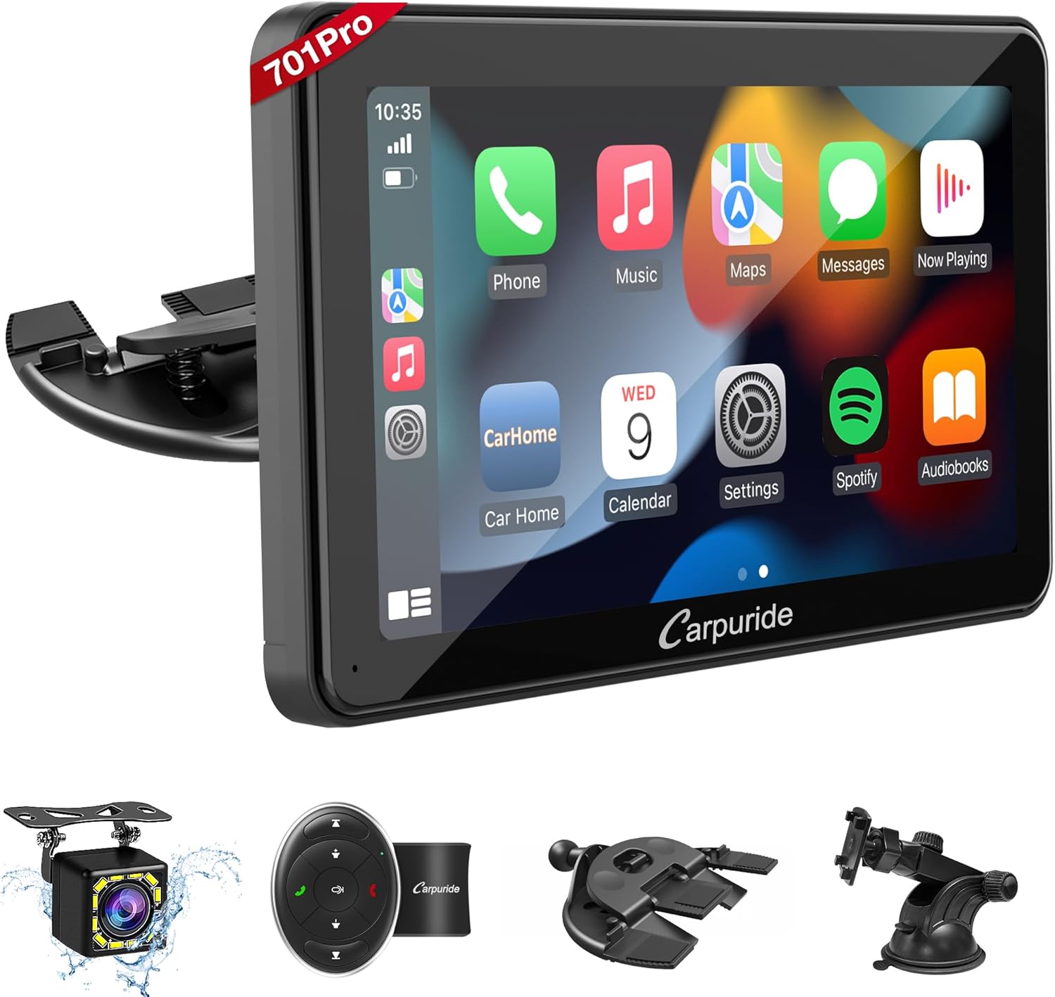 Carpuride w701 Pro portátil BT Stereo, Carplay inalámbrico y Android Auto con cámara de respaldo, Bluetooth dual, enlace espejoGPSSiriFM, soporte