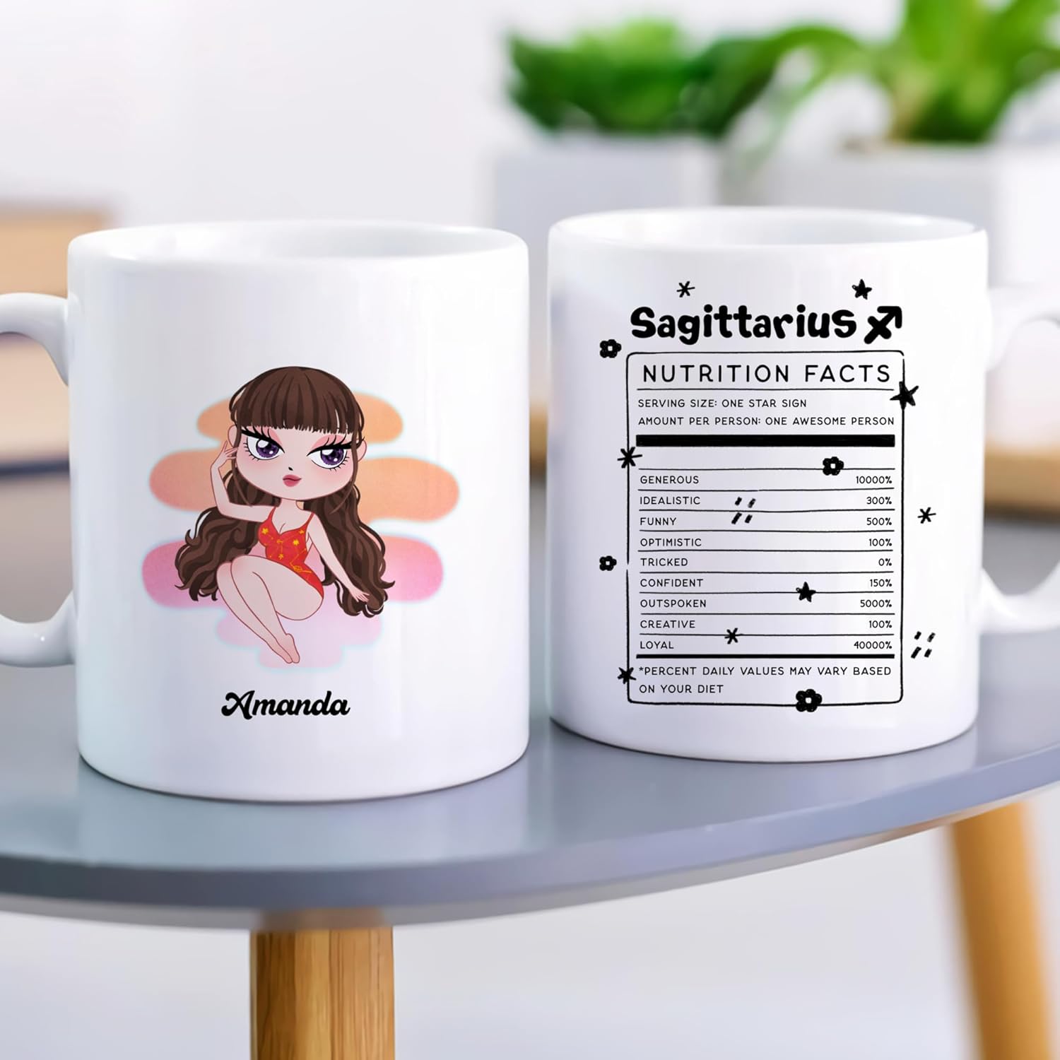 Gossby Taza de café personalizada con signo de Sagitario, taza personalizada de horóscopo de 11 onzas para mujeres con diseño, nombre, información