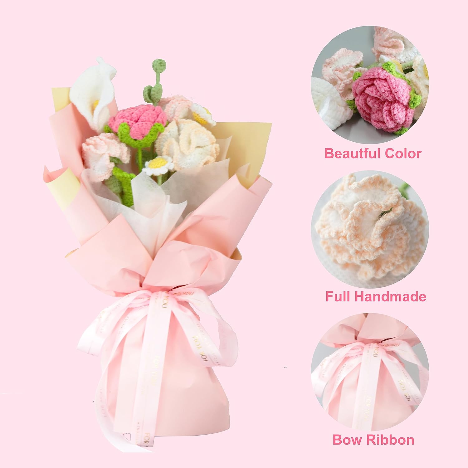 Ramo de flores de clavel de punto, 8 piezas, flores tejidas para decoración, kit de ganchillo para el día de la madre, cumpleaños, boda, regalo del