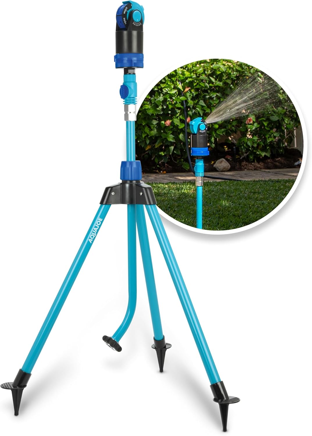 Aqua Joe AJ-6PSTB-MAX – Aspersor HD y Mister con base de trípode de metal, 6 patrones, cobertura de 4100 pies cuadrados, azul