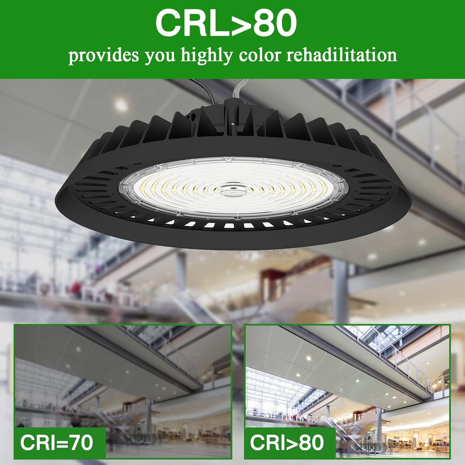 Luz LED UFO de alta bahía de 150 W, 0-10 V regulable de alta bahía LED de 5000 K, ETL DLC con gancho de EE. UU., cable de iluminación LED de alta