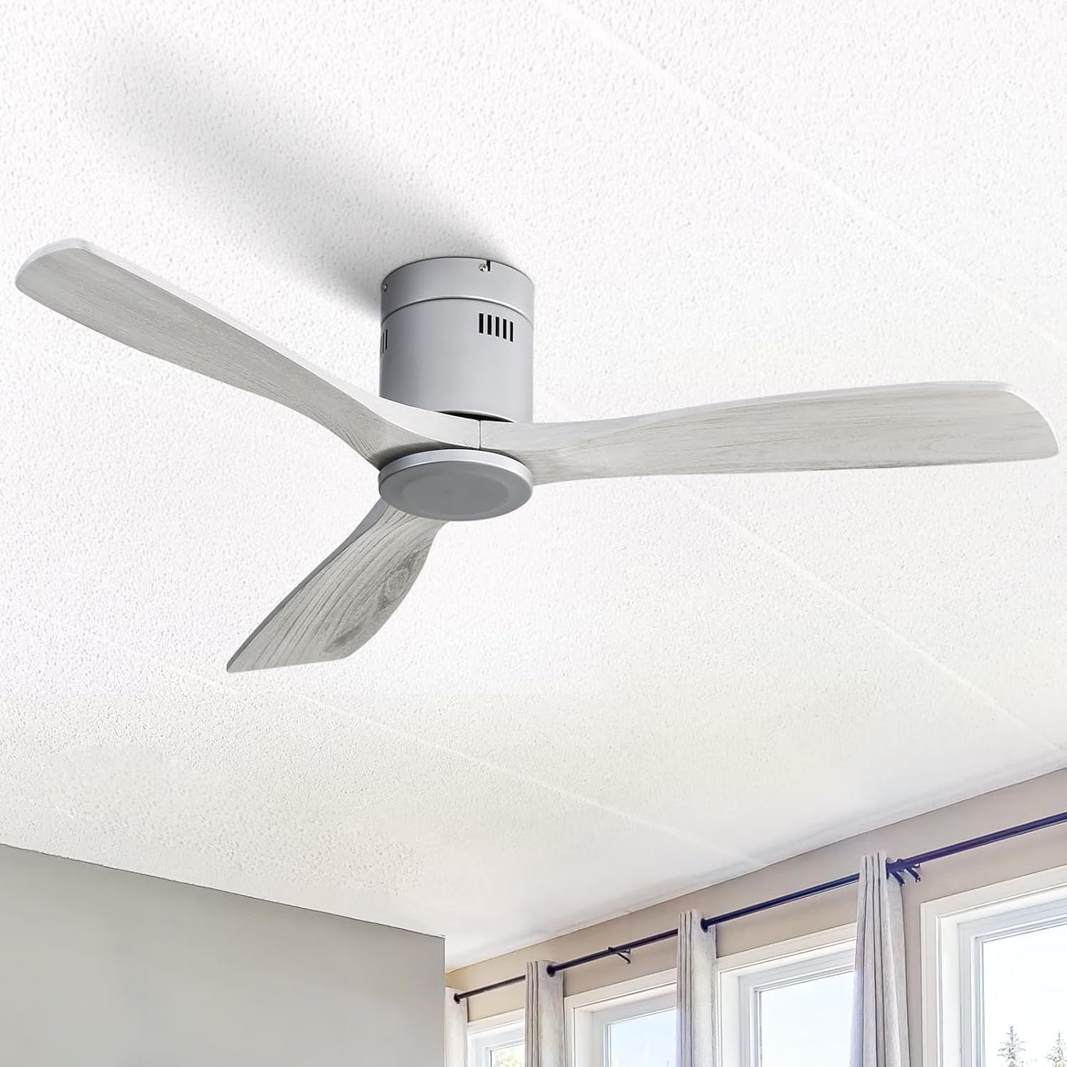 Sofucor Ventilador de techo de 52 pulgadas, gris, 3 cuchillas, perfil bajo, motor de CC, control remoto, montaje empotrado, ahorro de energía,