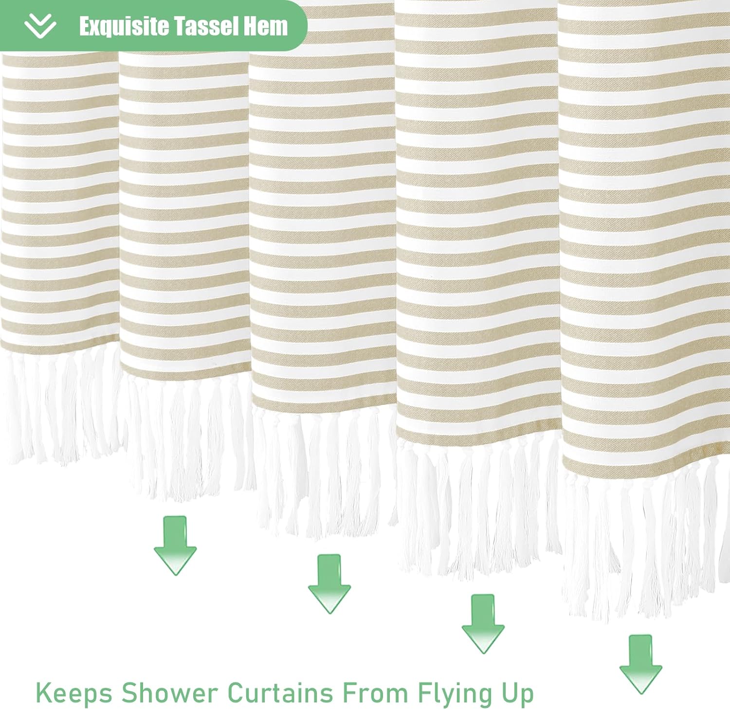 Dynamene Cortinas de ducha extralargas, 84 pulgadas de largo, cortinas de ducha de tela a rayas bohemias con borlas para baño, juego de cortina de