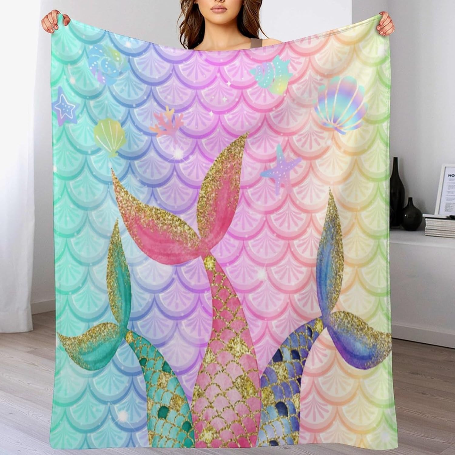 Manta de cola de sirena colorida a escala de belleza con diseño de cola de pez de belleza, manta impresa para niña, 30 x 40 pulgadas