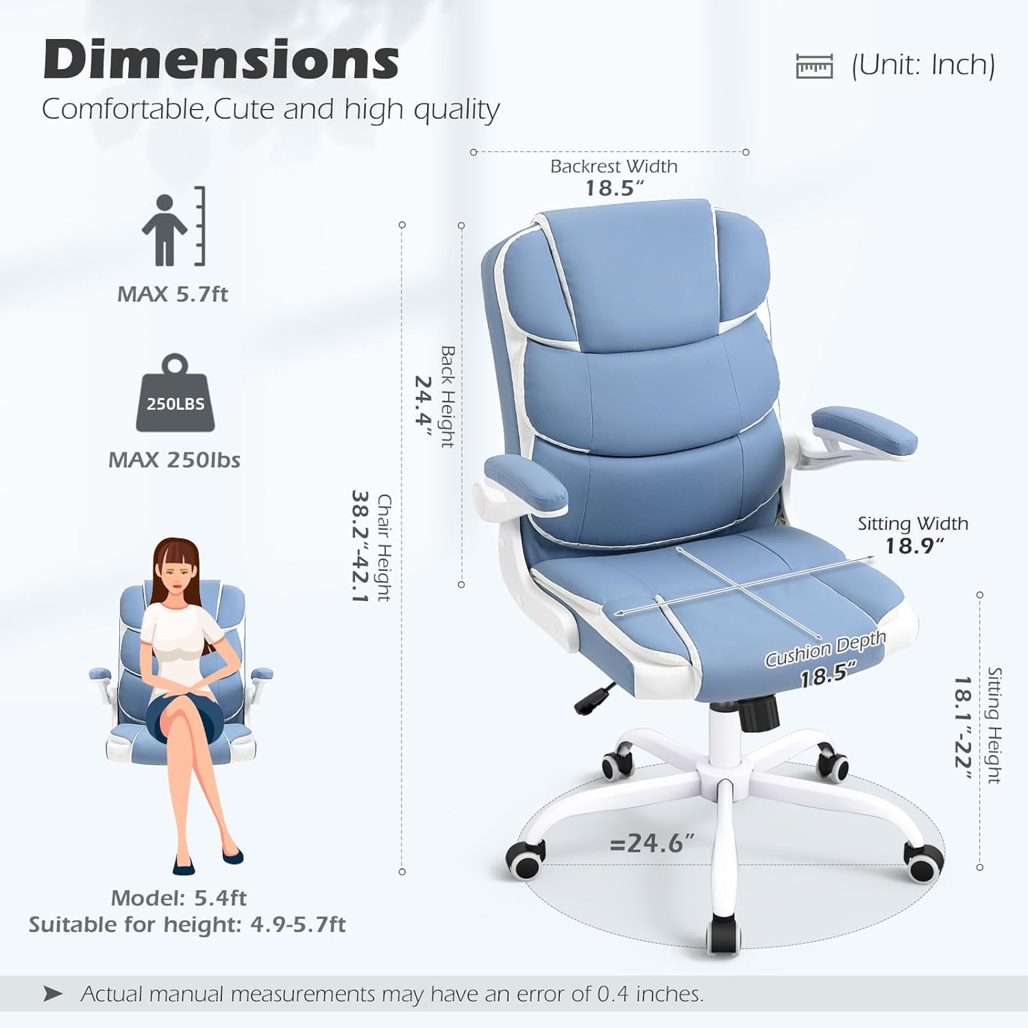 SEATZONE Silla de oficina azul ergonómica de cuero ejecutivo silla de escritorio pequeña linda silla de trabajo rodante para adolescentes y adultos