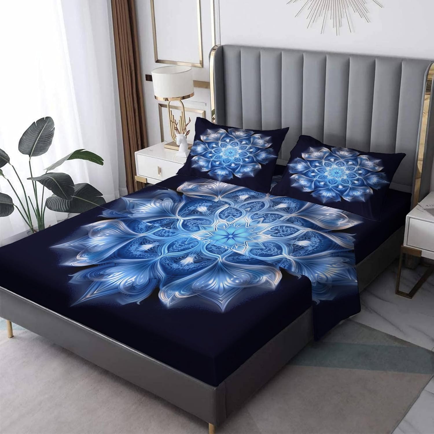 J9-&-157 – Juego de sábanas con estampado de mandala tamaño King, sábanas y fundas de almohada con patrones de 4 piezas, sábana bajera ajustable de