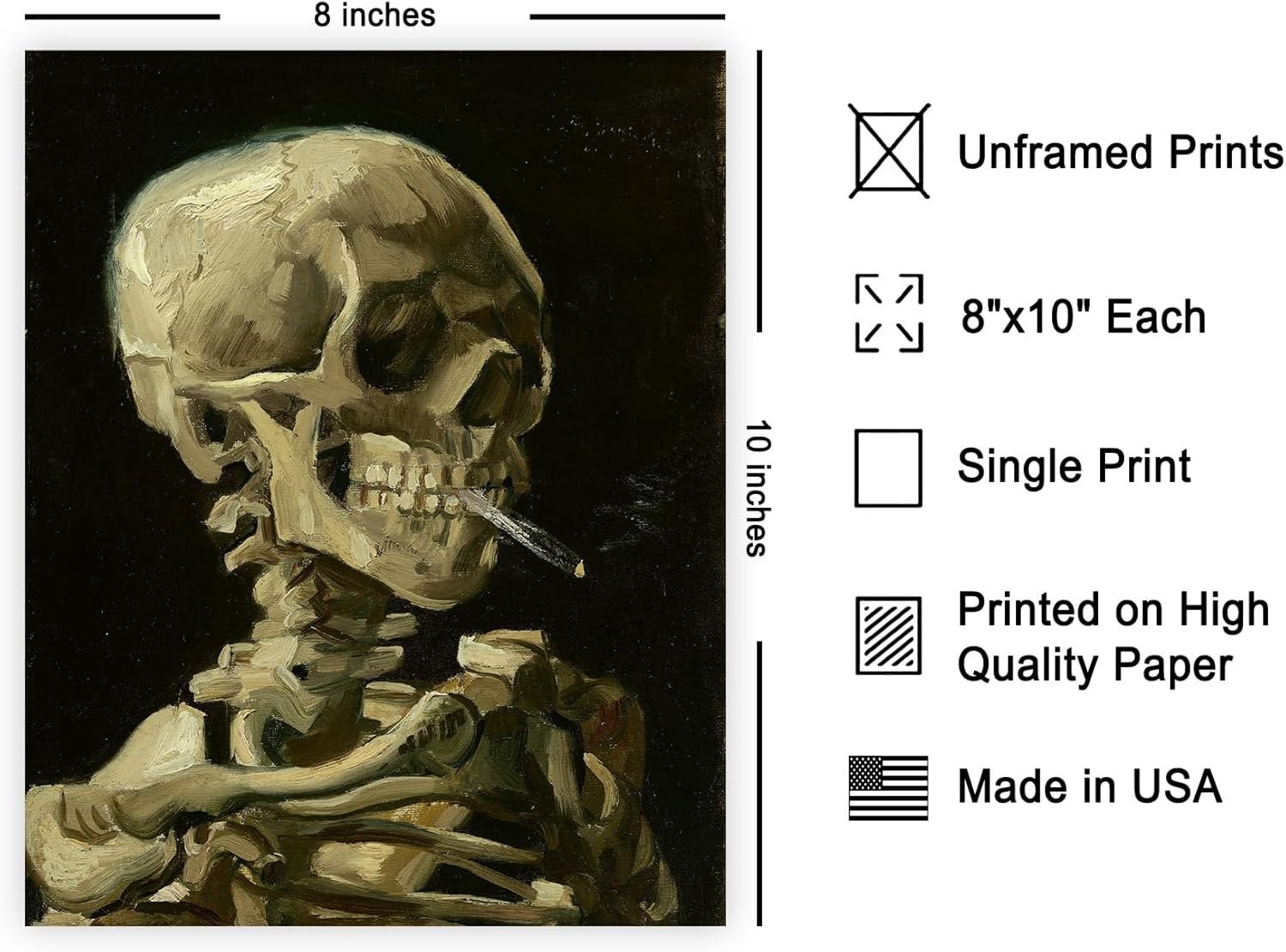 Poster Master Póster de Vincent Van Gogh, calavera de un esqueleto, arte de pared vintage sin marco de 8 x 10 pulgadas, regalo único de decoración