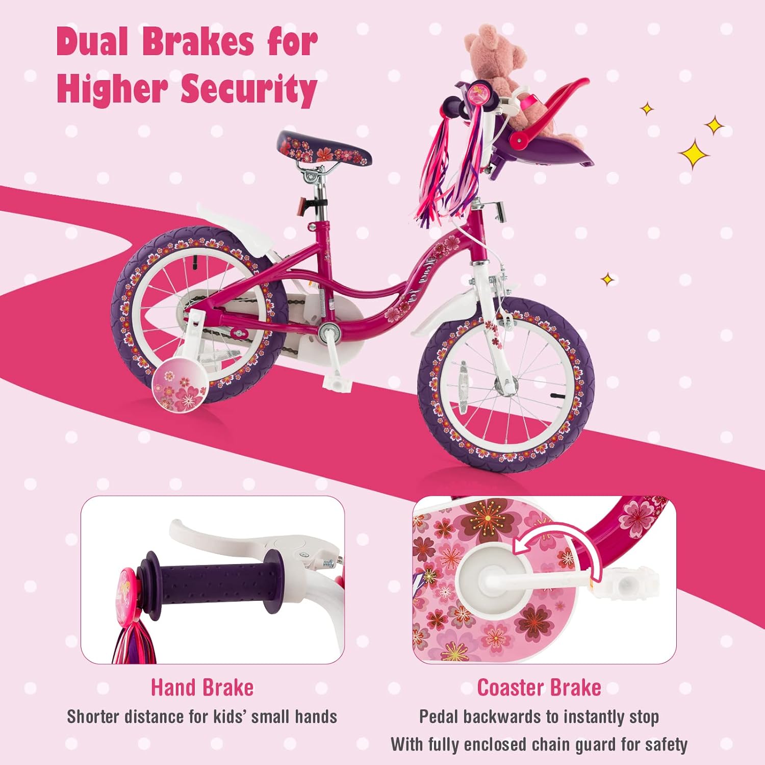 BABY JOY Bicicleta para niños, bicicleta de 14, 16 y 18 pulgadas, con ruedas de entrenamiento extraíbles, asiento ajustable, marco de acero y freno,