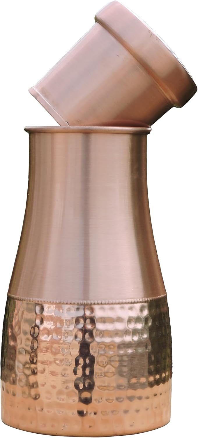 Jarra de noche de cobre puro para beneficios de salud ayurveda, capacidad – 1 litro (33.81 onzas líquidas de EE.UU.) (liso y martillado)
