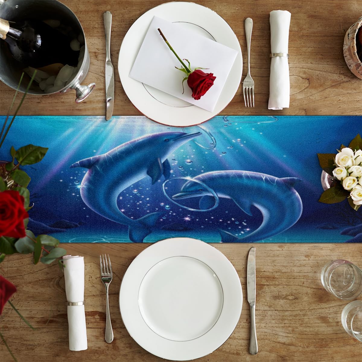 Camino de mesa con delfines de animales marinos del océano, mantel de lino rústico para cocina de granja, cena, eventos, fiesta, decoración de mesa