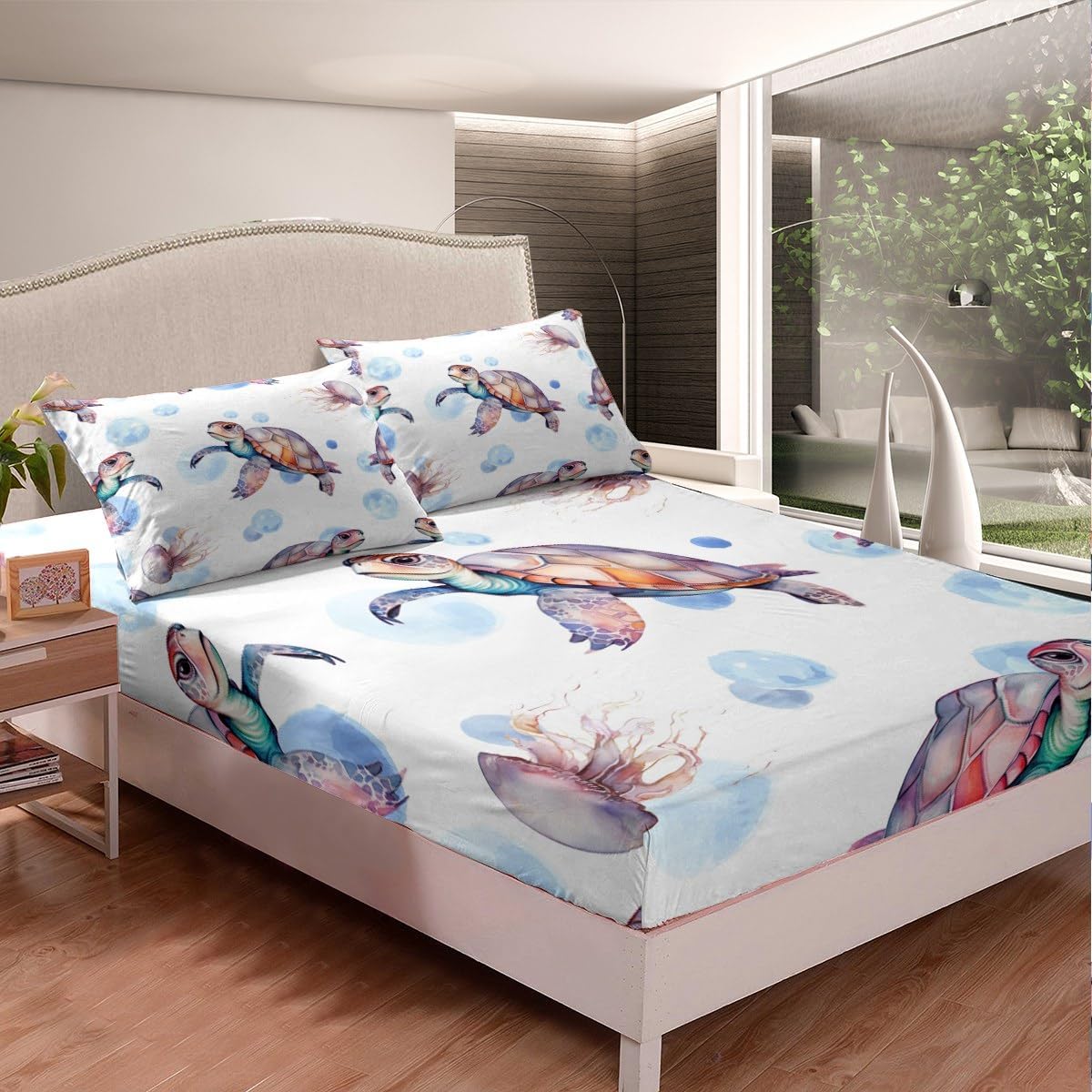 Juego de sábanas bajeras y fundas de almohada, juego de sábanas de tortuga marina tropical, juego de sábanas de tortuga nadando en el mar, juego de