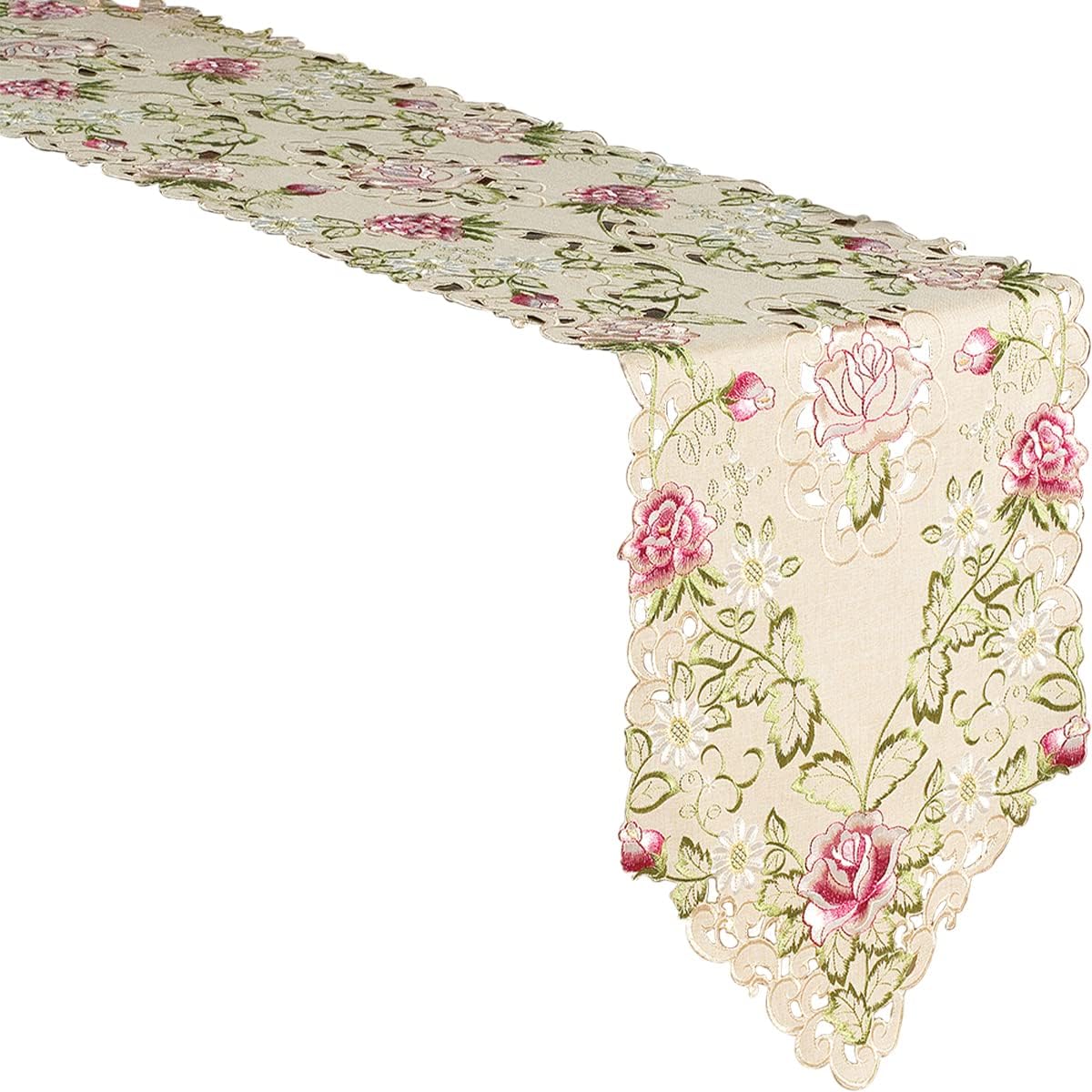 Camino de mesa beige  Pañuelo de encaje de lino bordado europeo  Perfecto para cocina, comedor, decoración del hogar, recepciones de boda  14 x 108