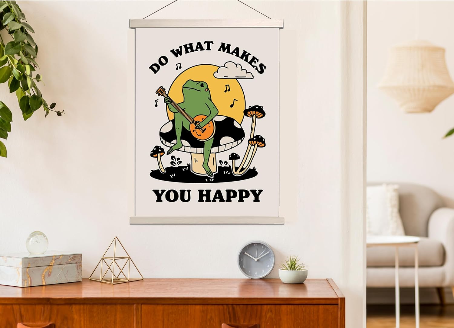 Do What Makes You Happy – Póster colgante divertido de hongos de rana de 16 x 22 pulgadas, decoración de pared verde Cottagecore para sala de estar,