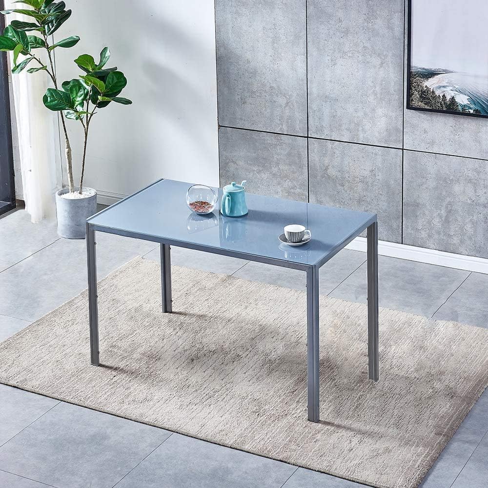Mesa de comedor de vidrio gris rectangular con patas de metal Marco de metal Mesa de cocina de vidrio para 4 personas (gris)