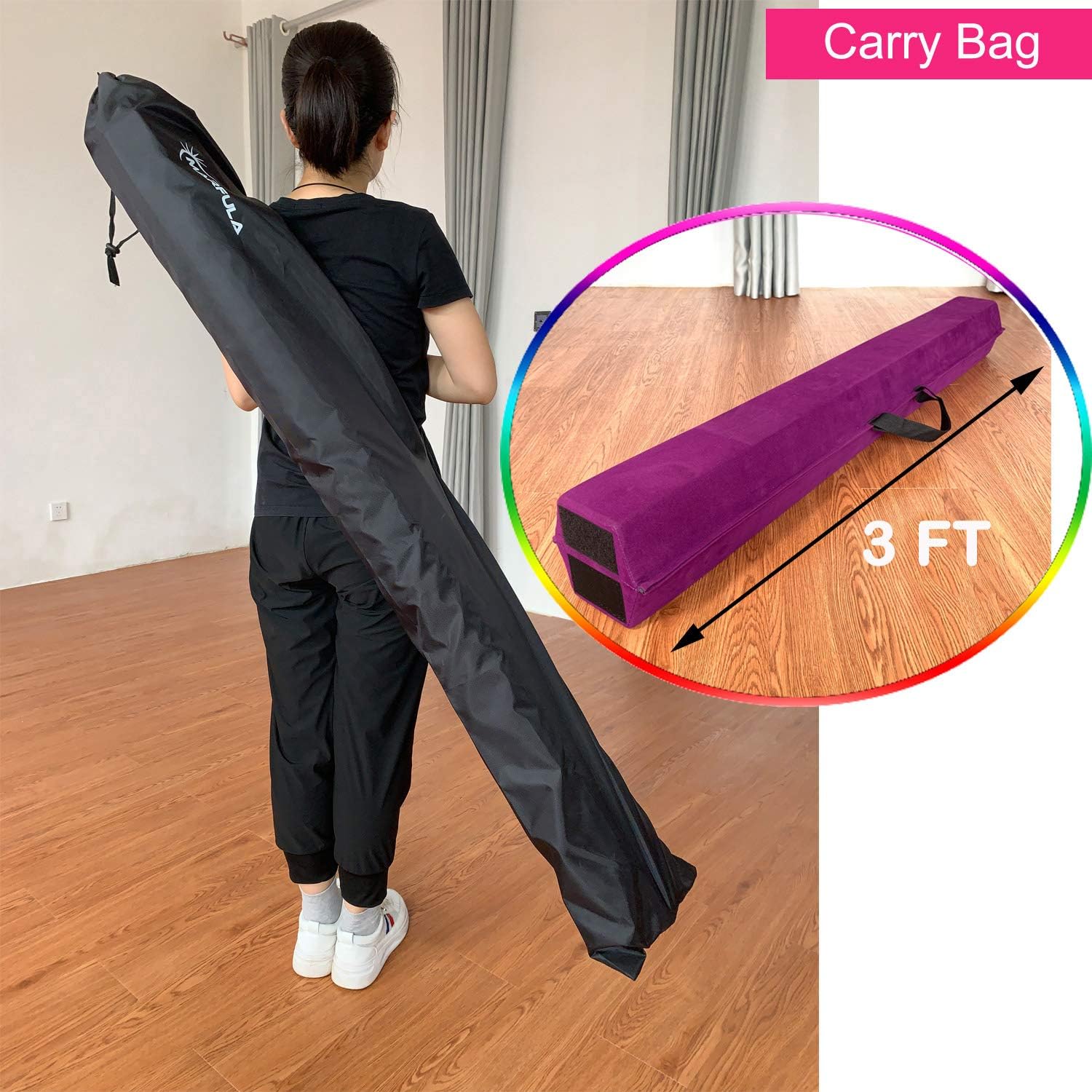 Viga de equilibrio plegable de 8 pies  9 pies para gimnasia, extra firme, cubierta de gamuza, parte inferior antideslizante con bolsa de transporte