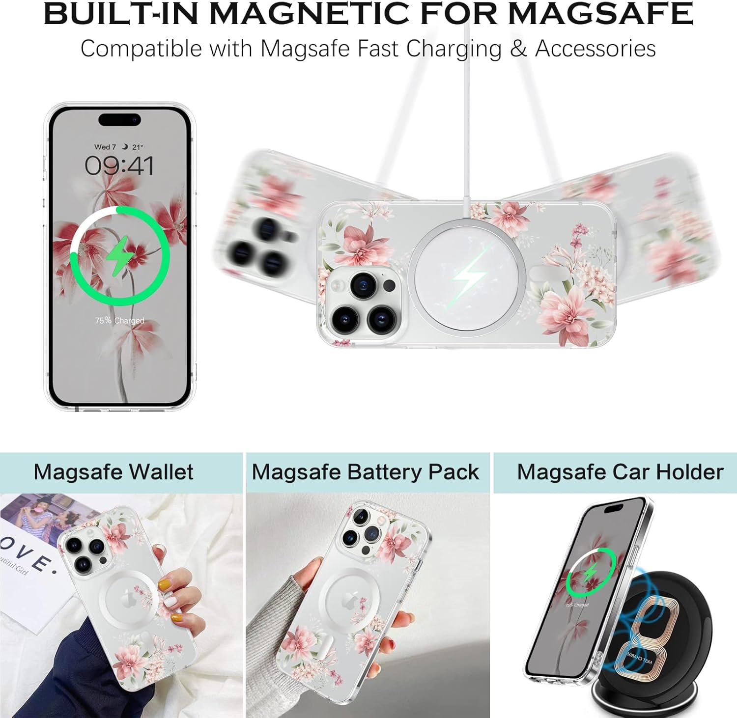 YINLAI Funda para iPhone 14 Pro Max de 6.7 pulgadas, magnética compatible con MagSafe transparente, transparente, patrón floral de flores rosas para