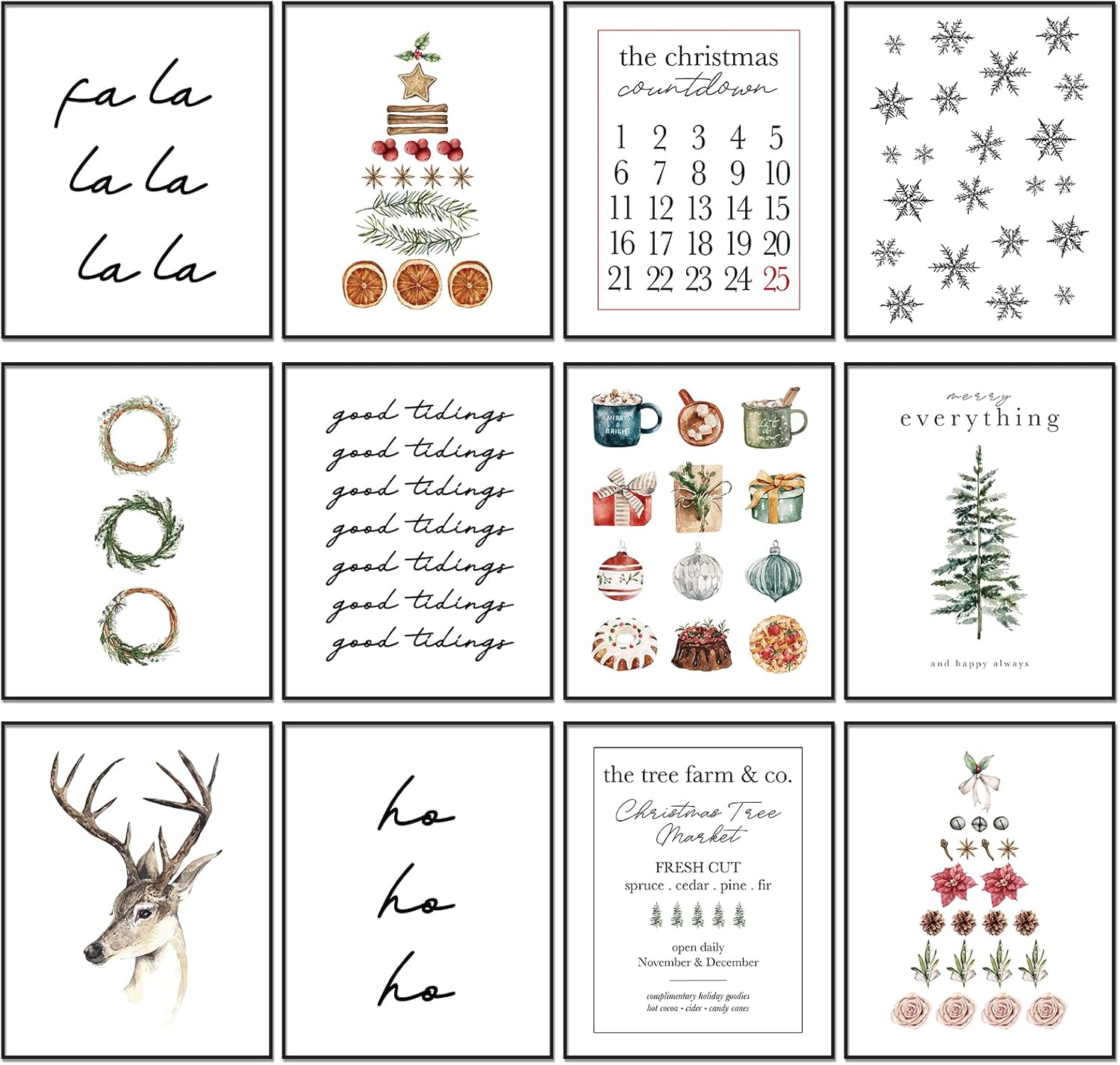 AnyDesign 12 impresiones artísticas navideñas para pared, diseño minimalista de acuarela, póster estético y acogedor de Navidad, decoración de