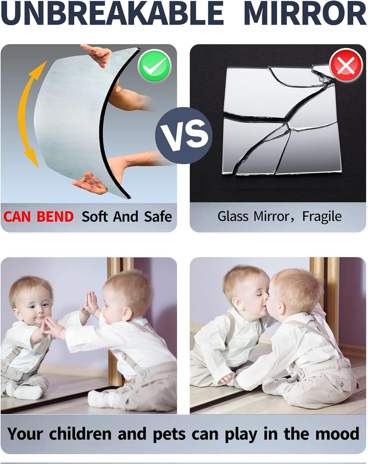 Espejo de pared para niños inastillables, 4 piezas de espejo acrílico autoadhesivo de 10 x 10 pulgadas, espejo de plástico irrompible seguro para